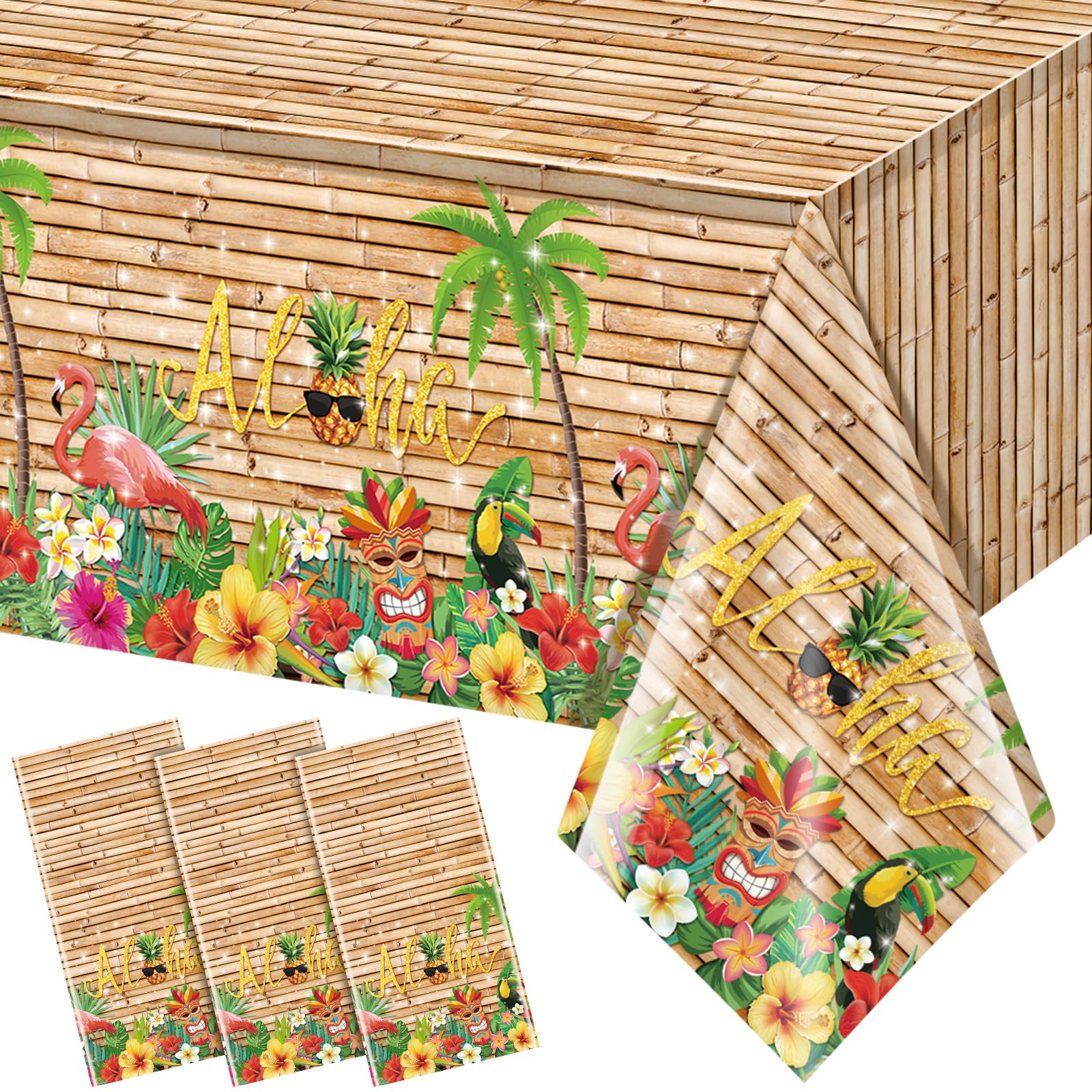 3Pcs Hawaiian Luau Tablecloth Tiki Party Tablecloths Tropical Table Cloth Plastic Disposable Rectangle Table Covers for Tiki Bar Tropical Summer Beach
