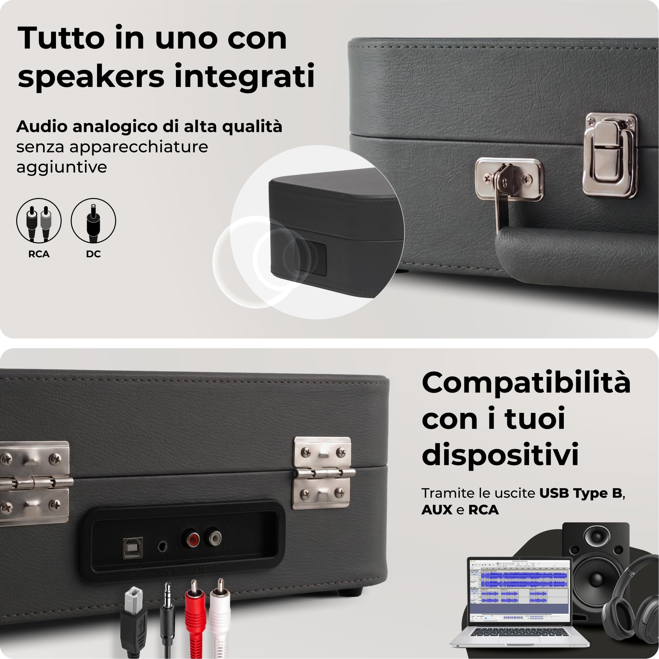VPL-130DGR - Giradischi vintage con altoparlante, 33/45/78 RPM, USB per digitalizzare, AUX e cuffie, uscita RCA, lettore portatile in vinile senza Bluetooth