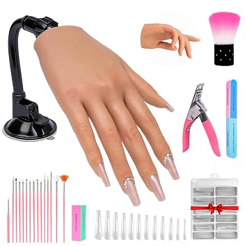 Realistic Silicone Practice Hand for Acrylic Nails, Flex Fingers | Realistic silicone hand no-glue deep grooves, bendable fingers & suction base. 141pcs kit for pro practice.