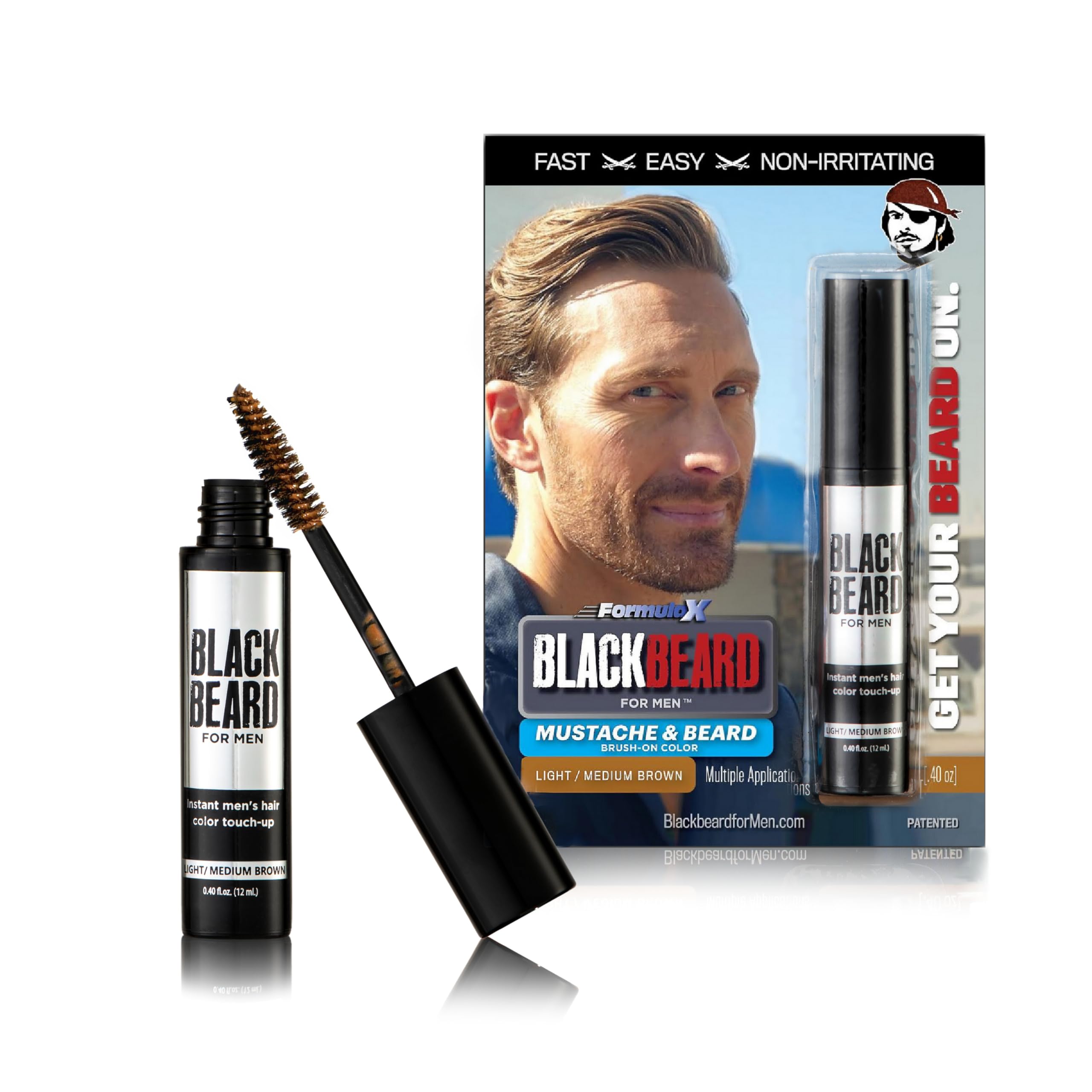 Blackbeard for Men Formula X Instant Mustache, Beard, Eyebrow and Sideburns Color - Fast, Easy, Men’s Grooming, Beard Dye Alternative, Light/Medium Brown, 1 Pack