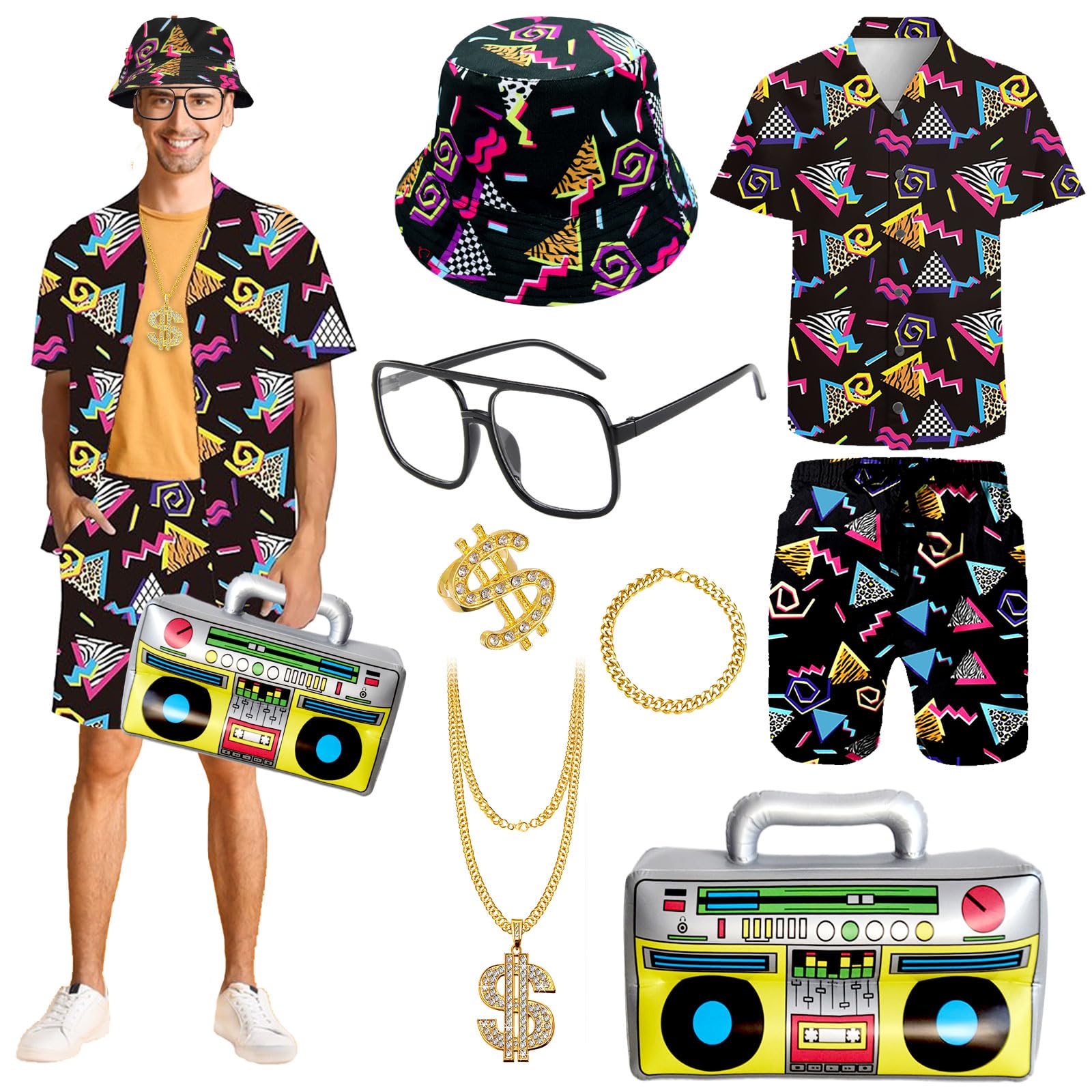 80s Hip Hop Outfit for Adults, Retro Sportswear Shirt & Short Set Includes Hat, Glasses, Necklace, Dollar Ring, Bracelet, Inflatable Radio, Beach Tracksuit for 80s Themed Party, Halloween, Carnival