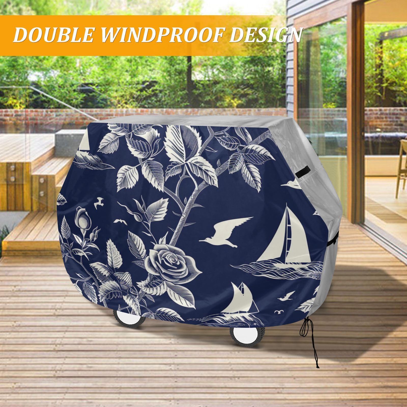 Ocean Beach Ocean Style Roses Outdoor Patio Grill Pokrowiec 158 cm Wodoodporny Wytrzymały odporny na rozdarcie odporny na blaknięcie materiał pokrowiec na grilla z regulowanym sznurkiem dla kurzu i