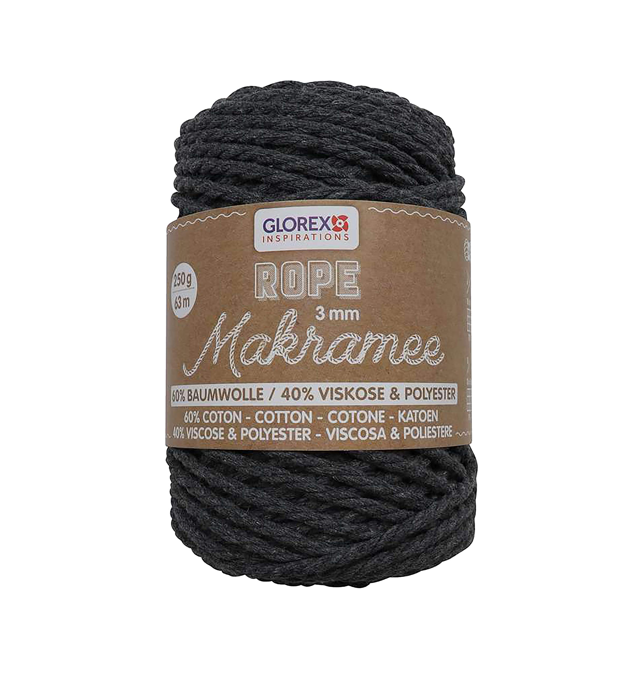 Glorex 5 1007 04 Rope Macrame Twisted Anthracite 63 m, Twisted Charcoal Grey