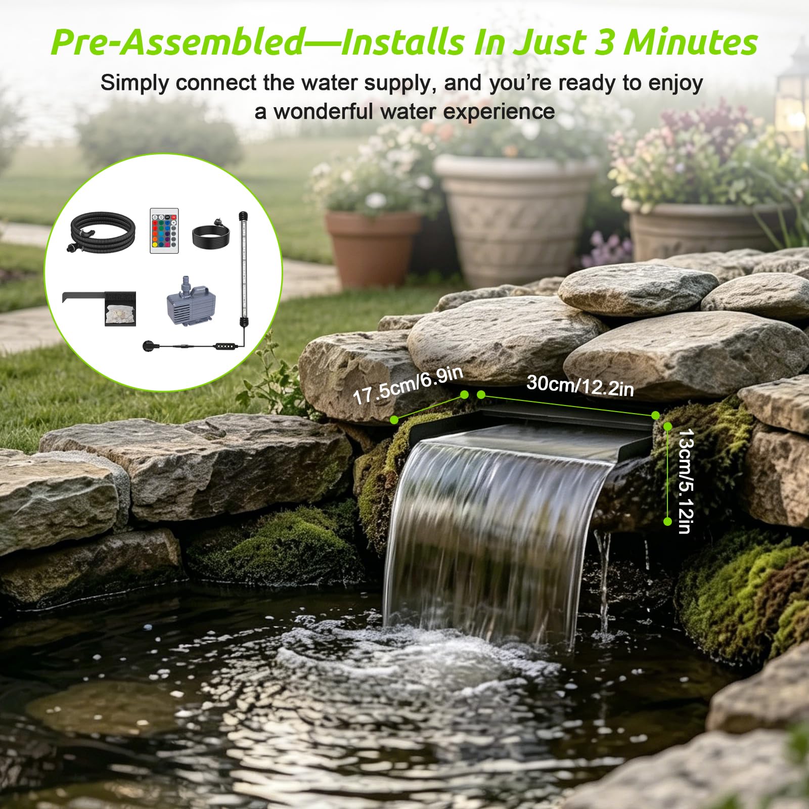 30cm Teichwasserfall-Set mit Pumpe, Licht, 3000L/H Edelstahl Wasserfall-Überlauf-Set mit 3 m Schlauch Wasserfallpumpe für Gartenteich, Hinterhof-Wasserspiele, Koiteich Wasserfall-Brunnen