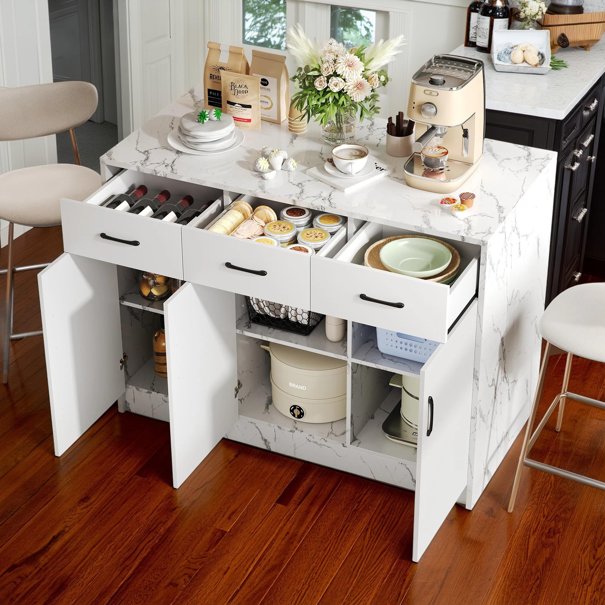 Gran Isla de Cocina, Mueble de mármol con Espacio de Almacenamiento, Mesa de Comedor con 3 cajones y 3 Puertas, Carrito de Bar, 120x60x90,5 cm, Blanco