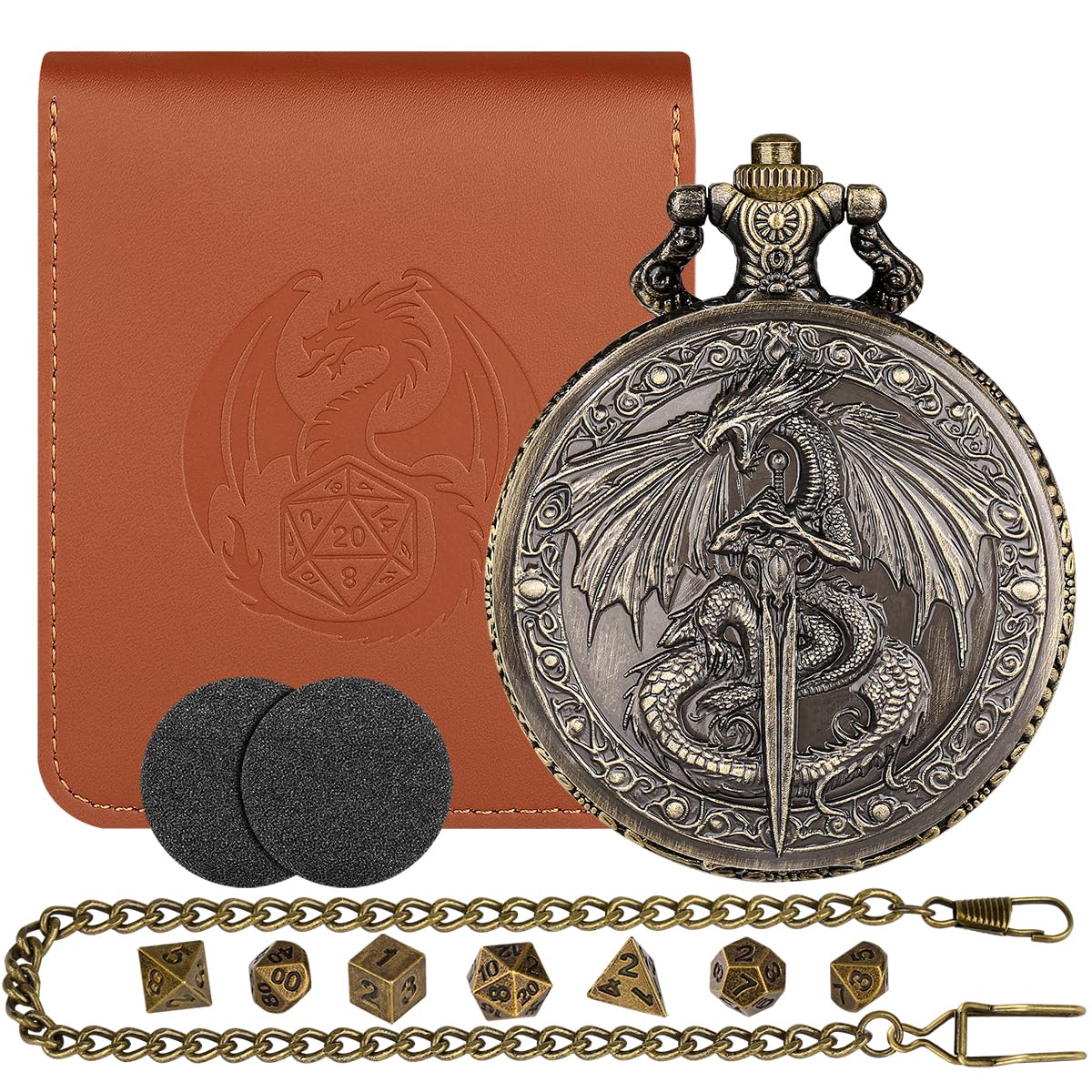 D&D Dragon with Sword with Pocket Watch Case, Mini Dice Set, 7pcs Polyhedral Metal Dice, Fantasy Dragon Gripping Sword