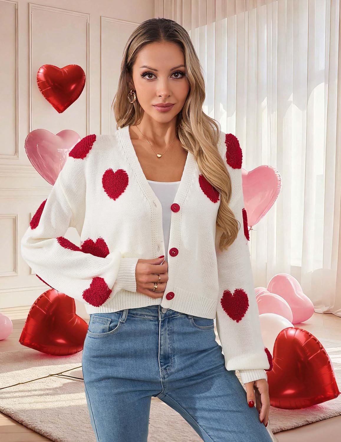 Womens Valentine Heart Cropped Cardigan Sweater 2026 Valentines Day Trendy Cute Crop Button Front Cardigans - Image 2