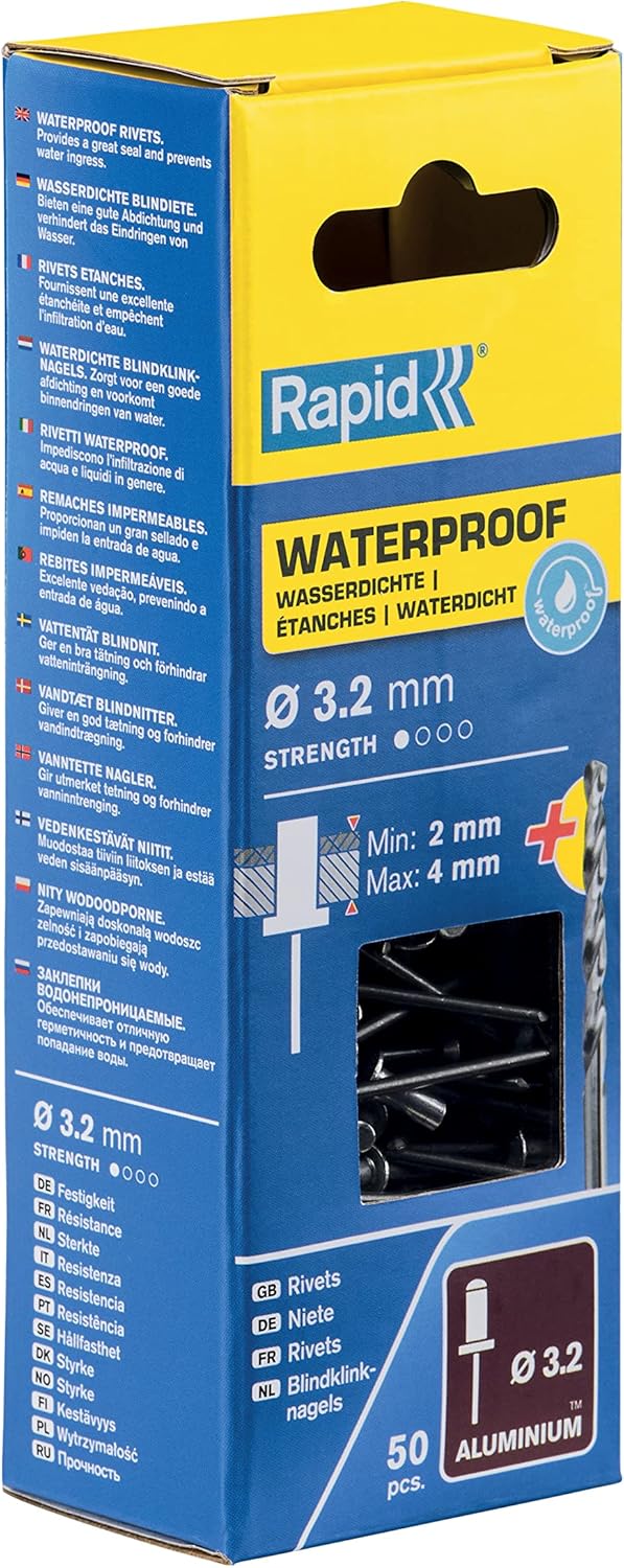 Rapid Rivets Waterproof Rivets Including Drill Piece, 3.2 x 8 mm, 5000399-50 Pieces, Silver/Blue/Clear