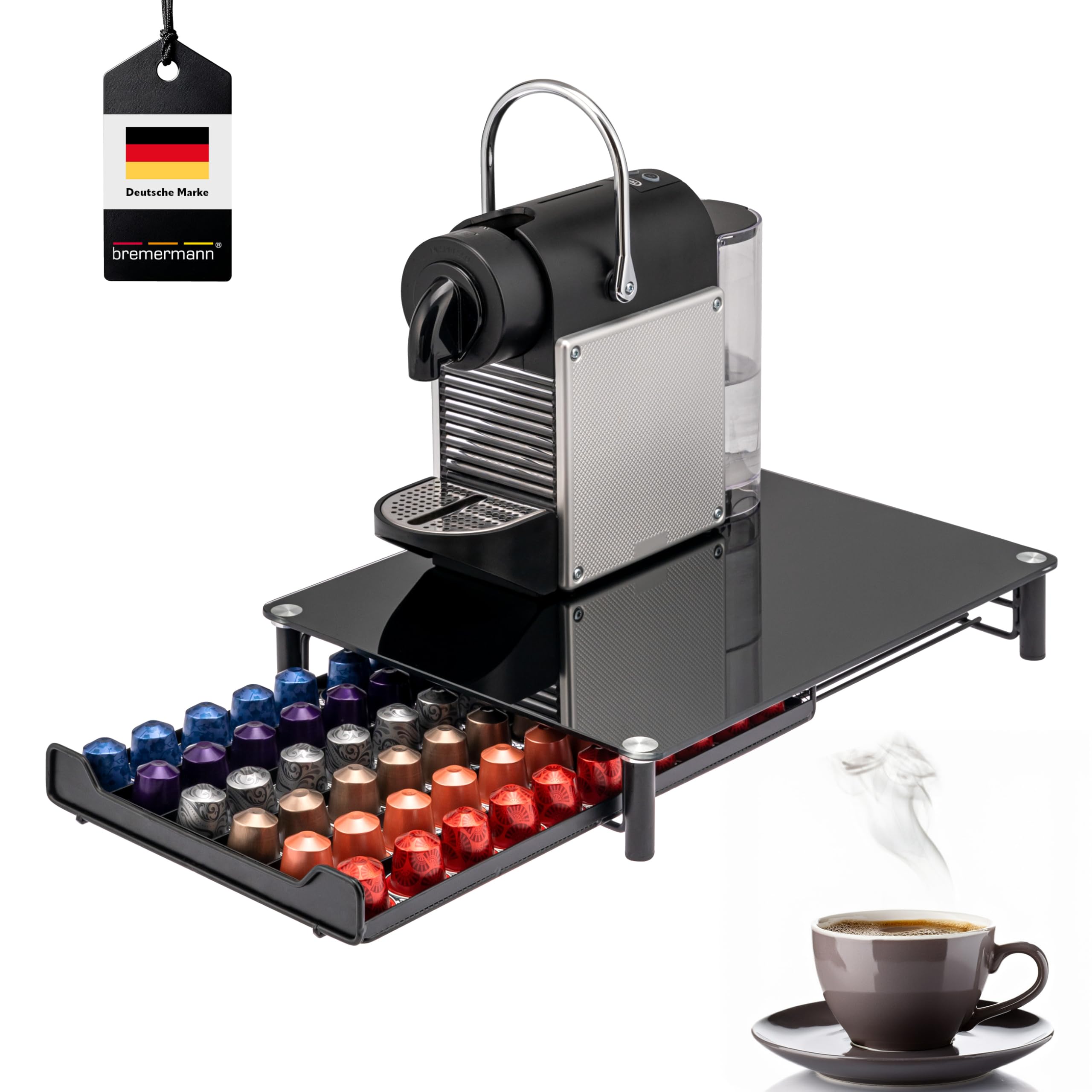 bremermann Kaffeekapsel-Box für 60x Nespresso, Schubladenbox, Metall und Glasplatte, Kapselhalter, Kapselspender ca. 31 x 7 x 40,5 cm (Schwarz)
