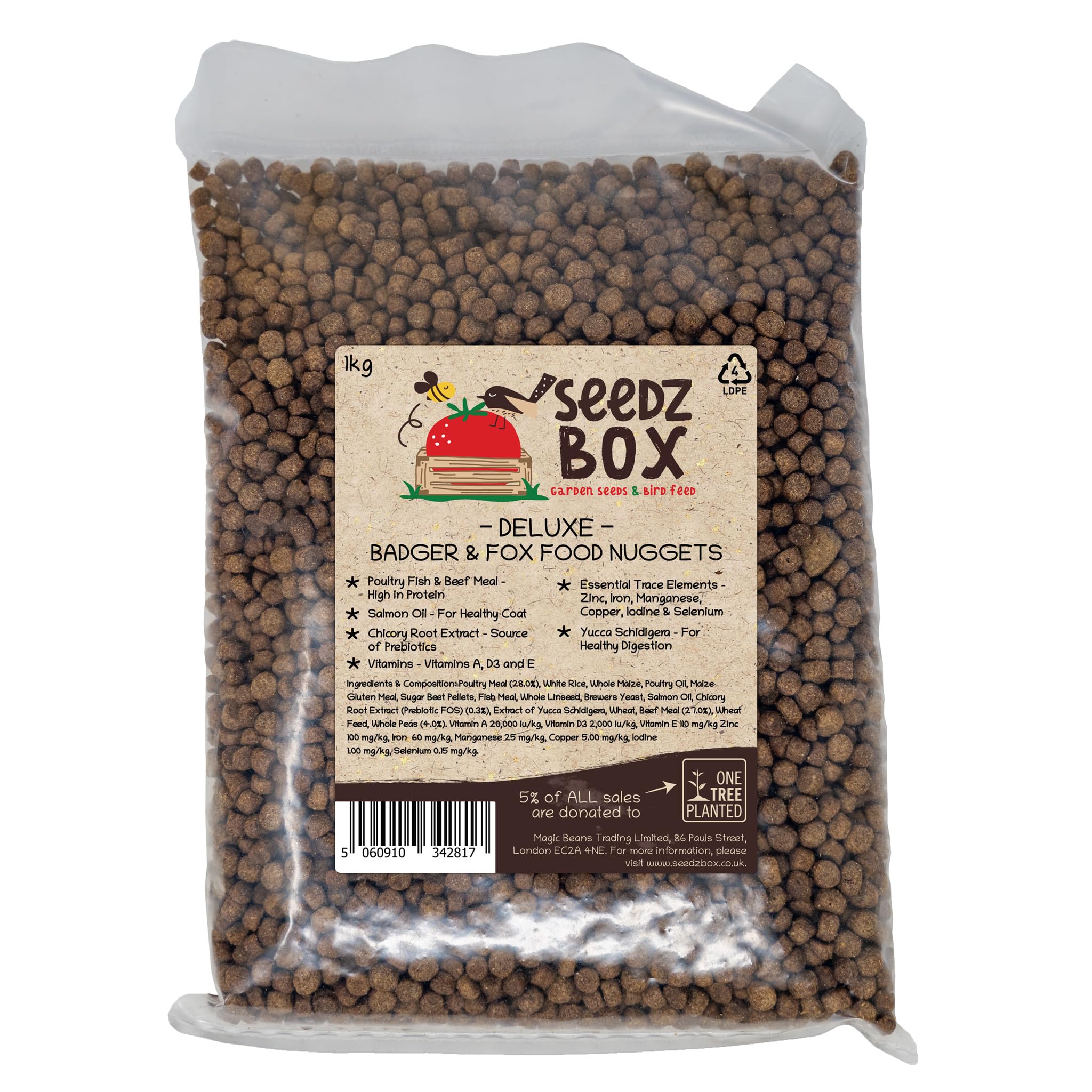 Fox & Badger Food 1kg - Dry Biscuit Nuggets Mix - For Feeding Foxes & Badgers in Gardens & Reserves - Poultry Beef & Fish Meal, White Rice, Chicory Root, Salmon Oil, Wheat and Peas - Seedzbox