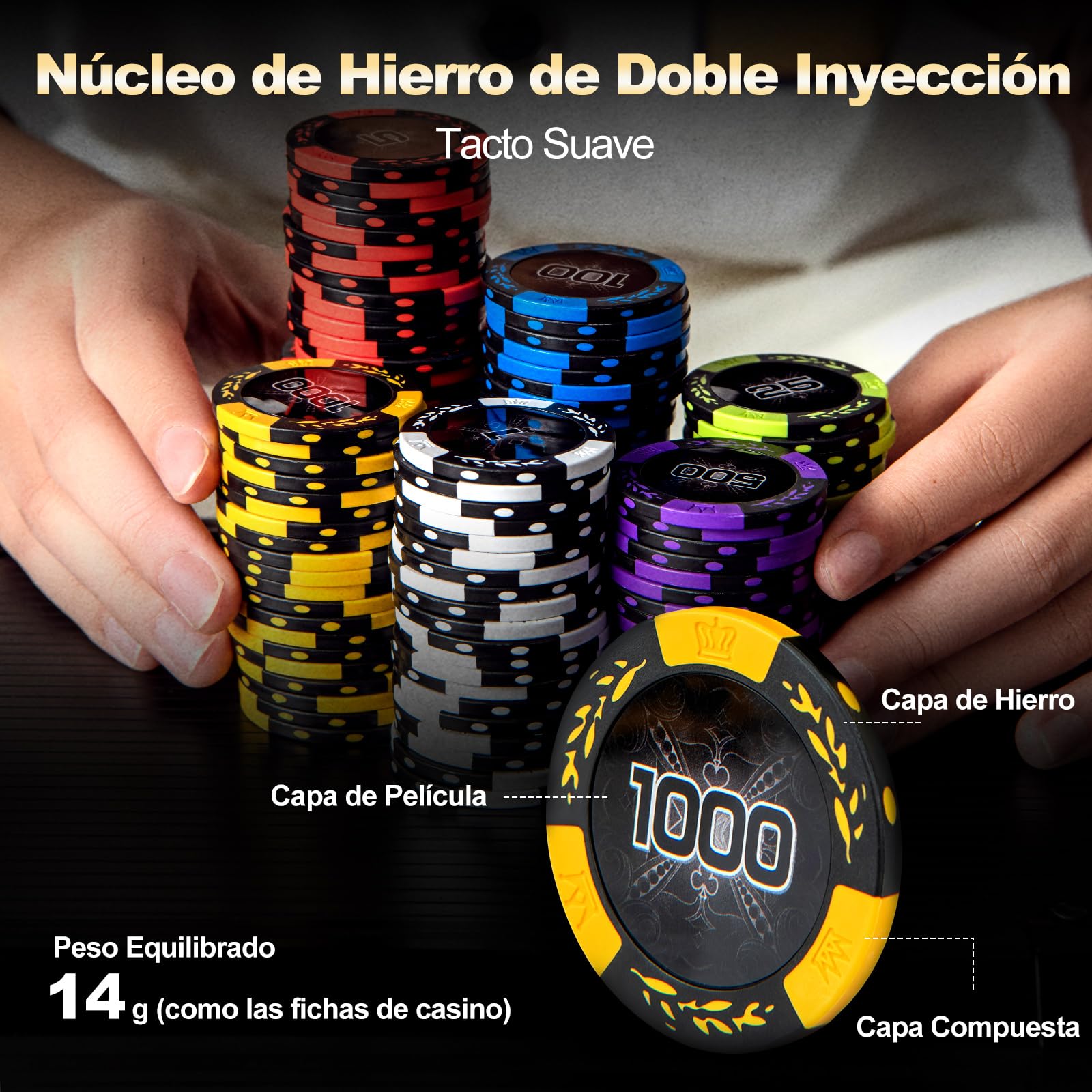 COSTWAY Juego de Poker de 500 Fichas, Maletín Aluminio de Póker de 14 g con Estuche de Aluminio, Barajas de Cartas, Botones de Crupier y Dados, Fichas de Arcilla para Casino, Reuniones (500 Piezas)