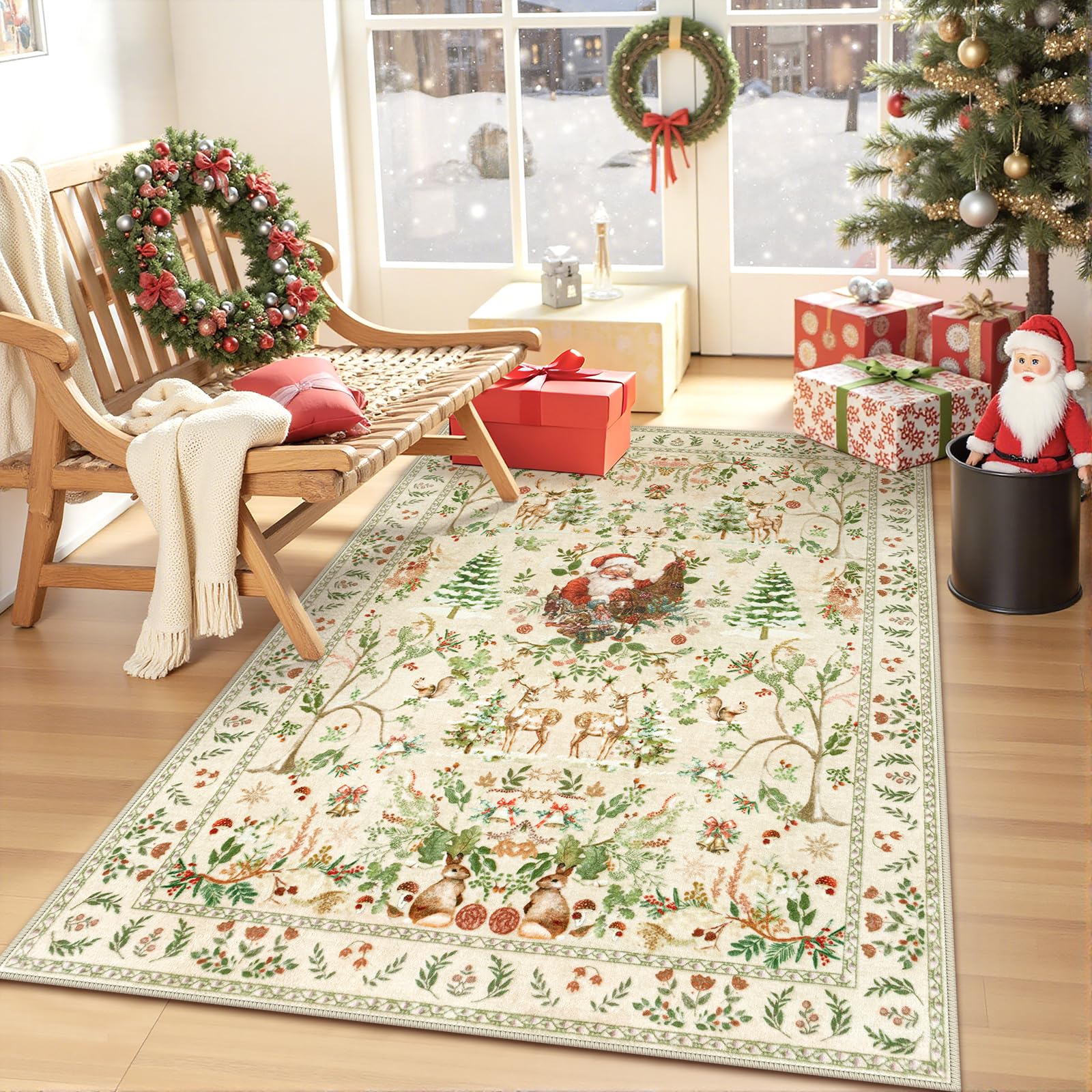 Christmas 3x5 Entryway Rug Soft Washable Beige Area Rug for Living Room Non Slip Xmas Snowman Low Pile