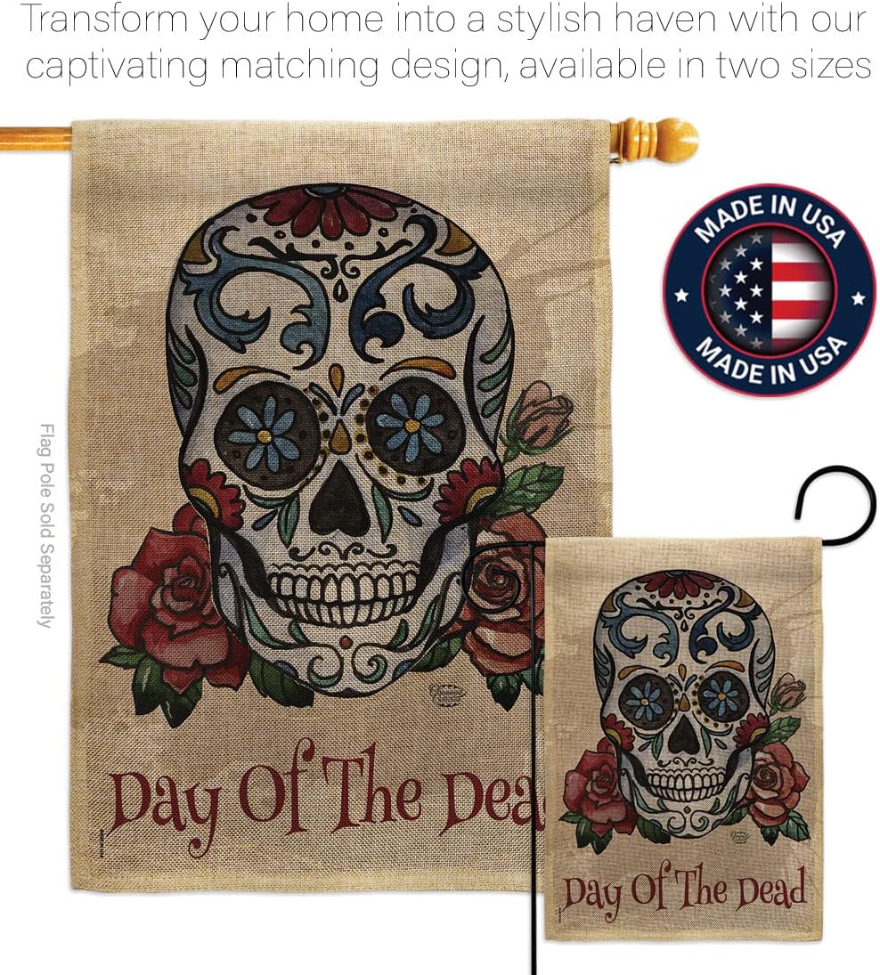 Day of The Dead Garden Flag Set Wall Hanger Fall Dia De Los Muertos Fiesta Mexican Party Autumntime House Decoration Banner Small Yard Gift Double-Sided, Thick Burlap, Made in USA