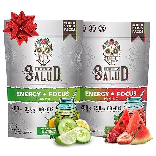 Salud - Paquete de 2 2 en 1 Energy + Focus (lima de pepino) y energía + enfoque (sandía de fresa) 15 porciones cada una, mezcla de bebida Agua
