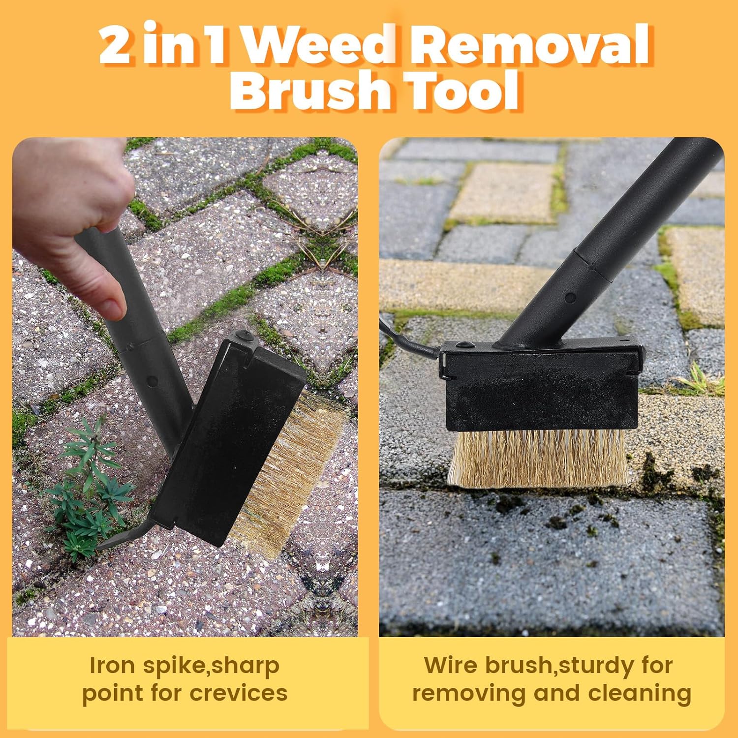 Moss Out Weed Puller Remover Tool for Crevice Weeding with 73.2inch Long Adjustable Handle, 2 in 1 Crack Weeder Moss Killer Grout Remover Brush, Manual Weed Remover Tool for Driveway Deck Paver Patio