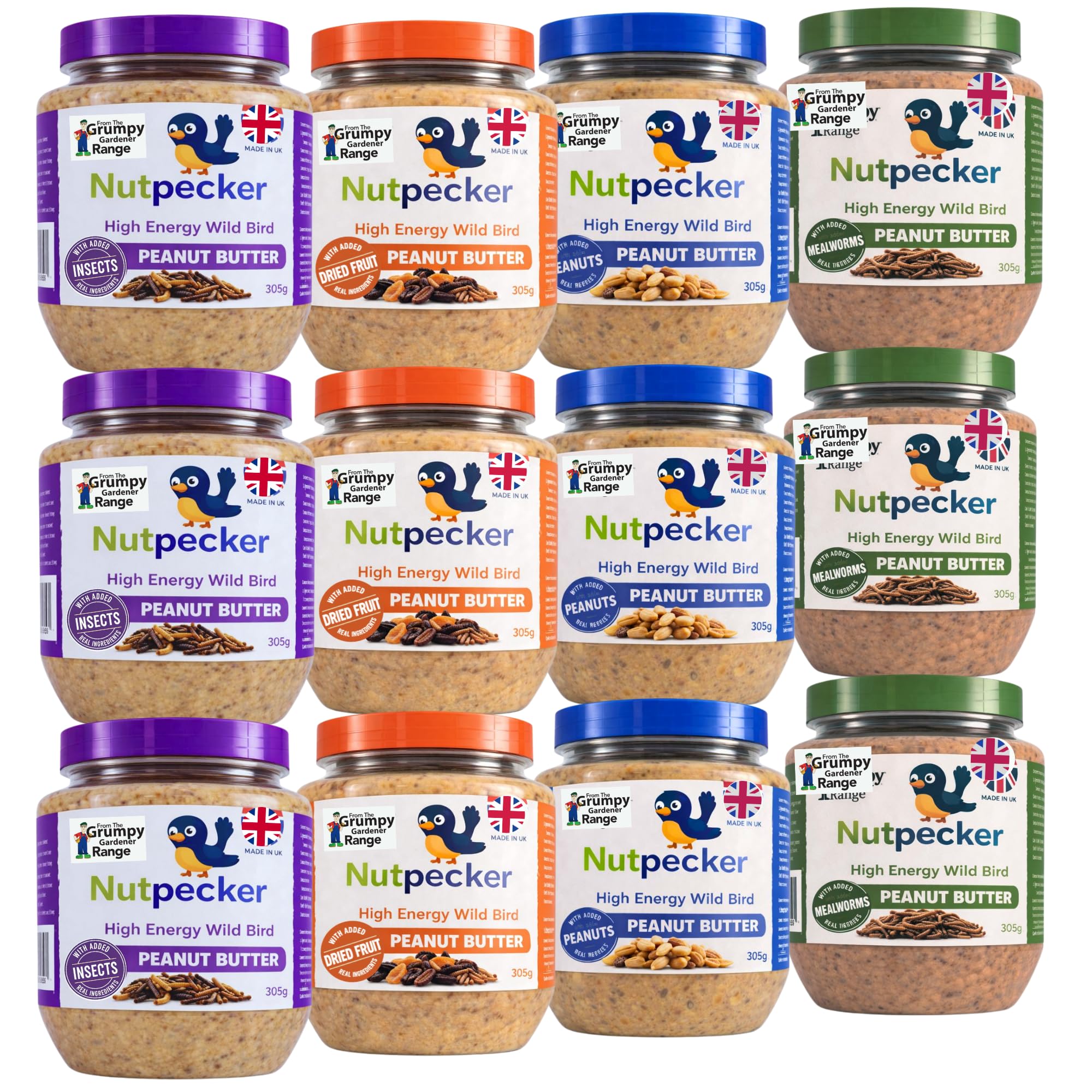 Grumpy Gardener Peanut Butter for Birds – Suet Butter Jars | No-Mess Bird Feed | Fits Hanging Feeders or Used to Make Nuggets & Pellets | Mixed Flavour | 12 x 330g Each