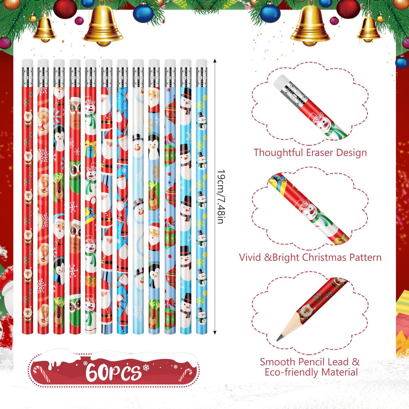 Tenare 60 Pcs Christmas Pencil with Eraser 12 Style Snowman Stocking Santa Claus Christmas Tree Reindeer Pencils Xmas Gift for Kid Student Xmas Stocking Fillers Stationery Party Favors (Vivid) - Image 2