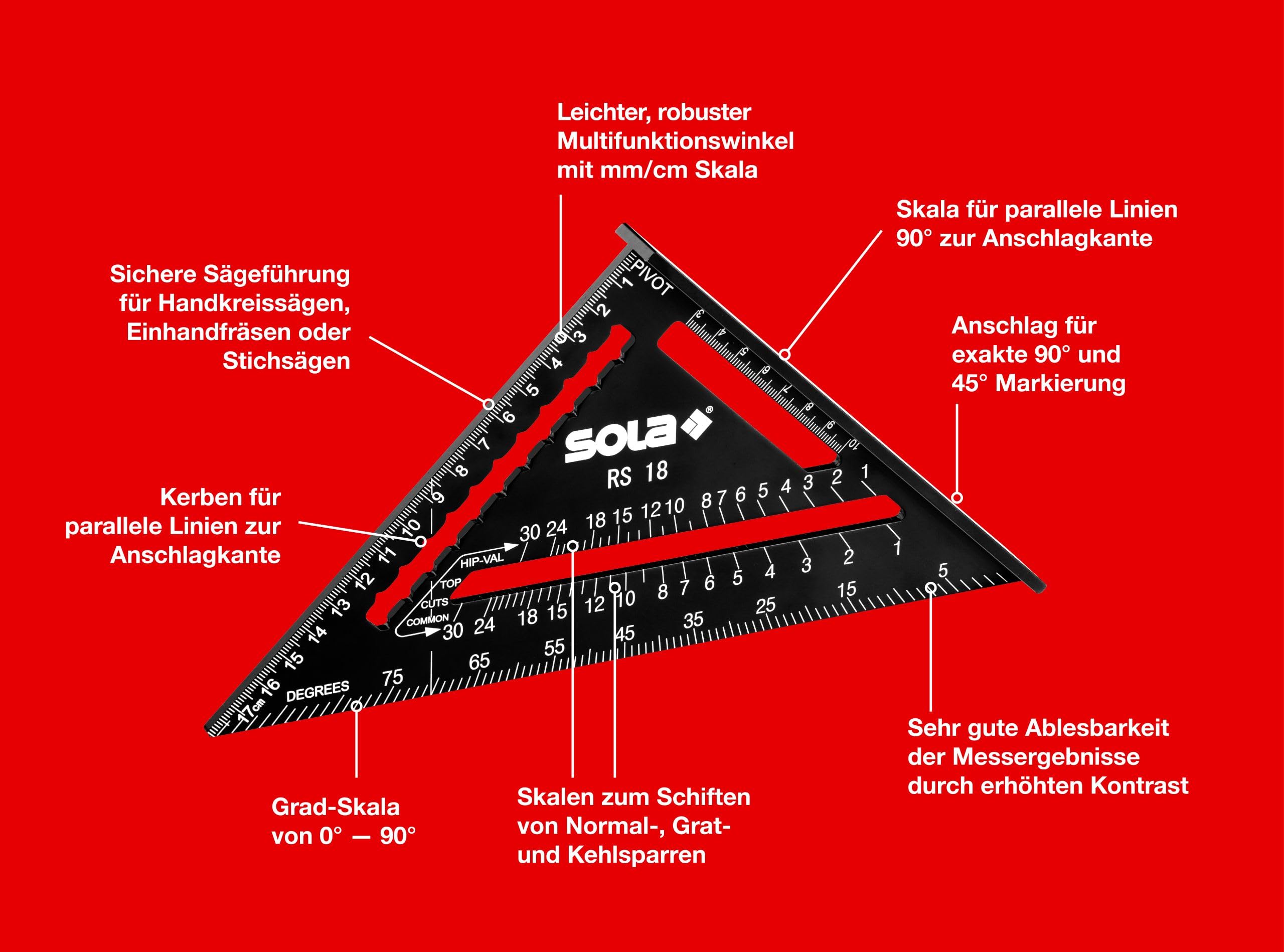 SOLA - RS 18 – 5 in 1 – Angolo di arresto 18 cm – Robusto angolo di falegnameria in alluminio con scala metrica – Angolo multifunzione: righello, angolo di arresto, angolo obliquo, goniometro