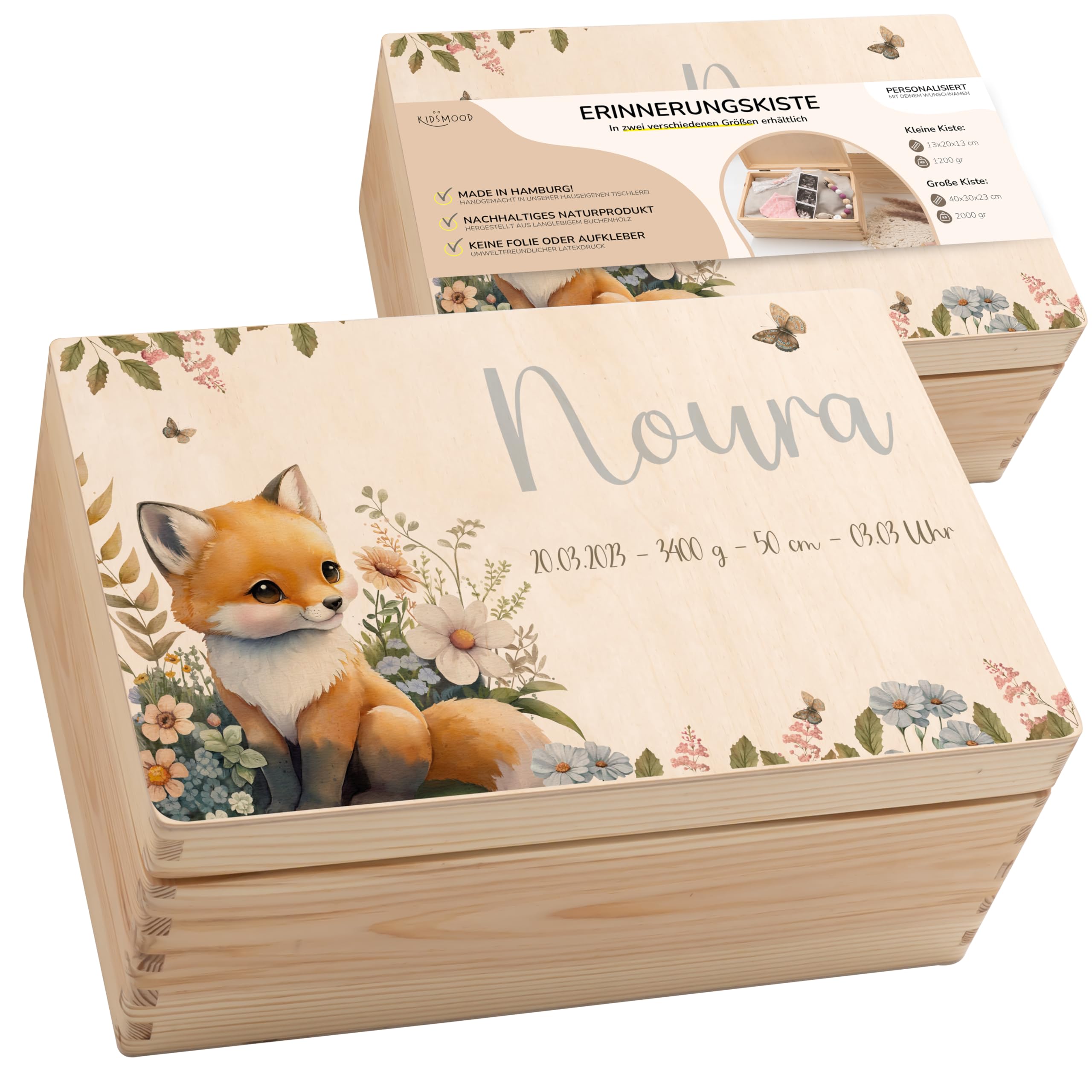 KIDSMOOD - Erinnerungsbox Baby, personalisierte Holzkiste mit Deckel, Ideal zur Aufbewahrung von Erinnerungen und als Geschenk zur Geburt, Taufe oder als Geburtstagsgeschenk für Mädchen und Jungen