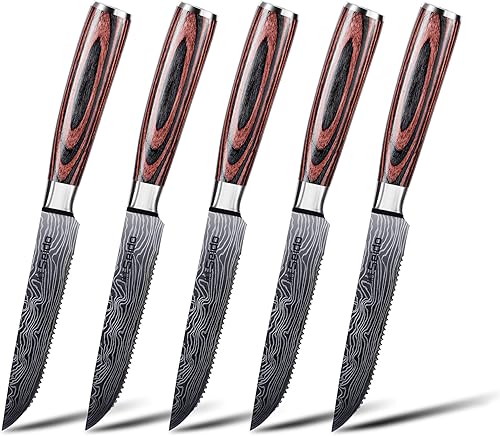 Seido Knives Cuchillos de carne dentados de acero inoxidable de 5 piezas, el mejor cuchillo de carne forjado a mano mango ergonómico duradero de