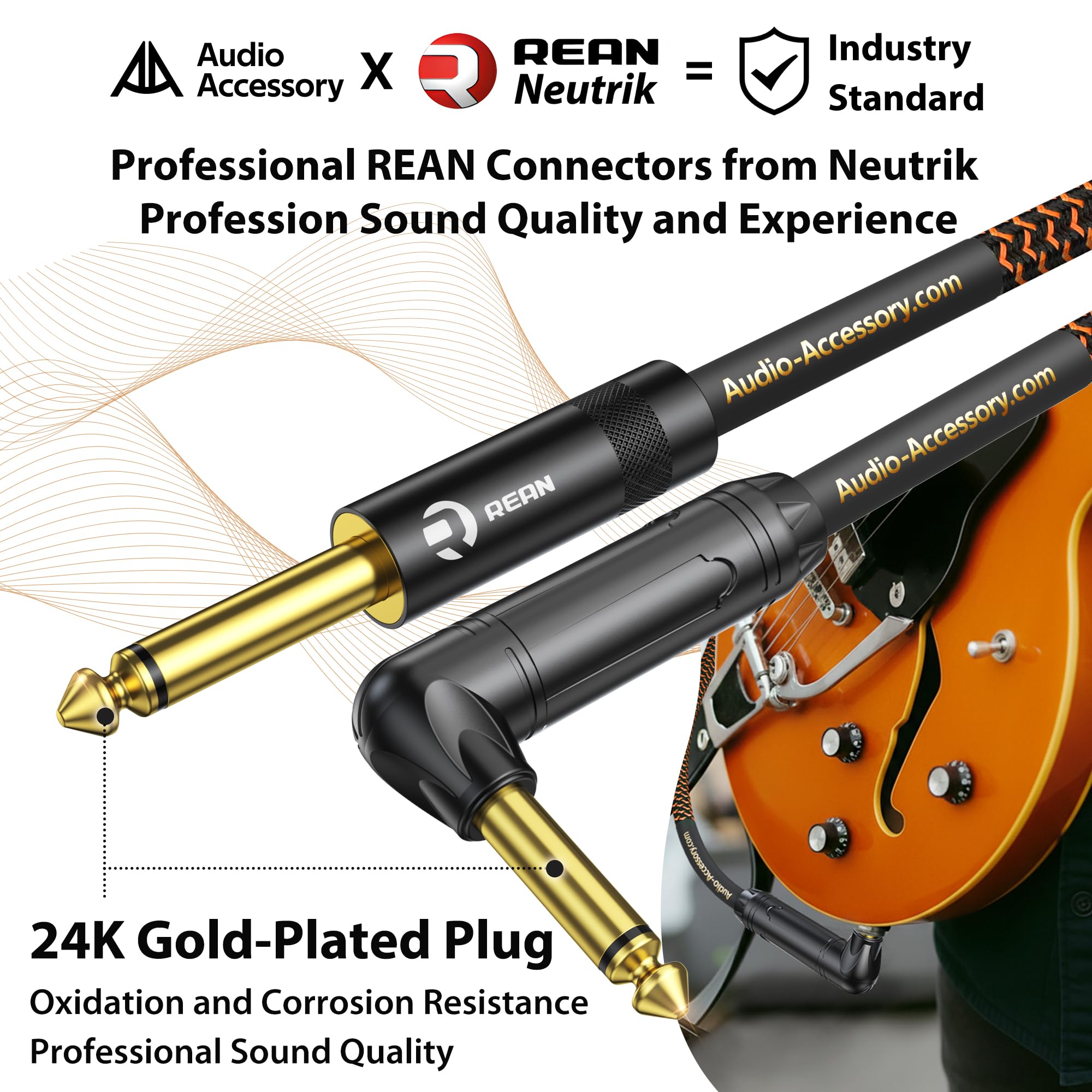 AA AUDIO ACCESSORY Câble de guitare Pro Series 3 m, connecteur Neutrik REAN plaqué or, 18 AWG 99,99 % OFC, câble d'instrument en nylon tressé droit vers angle droit de 6,35 mm pour Fender Ernie Ball