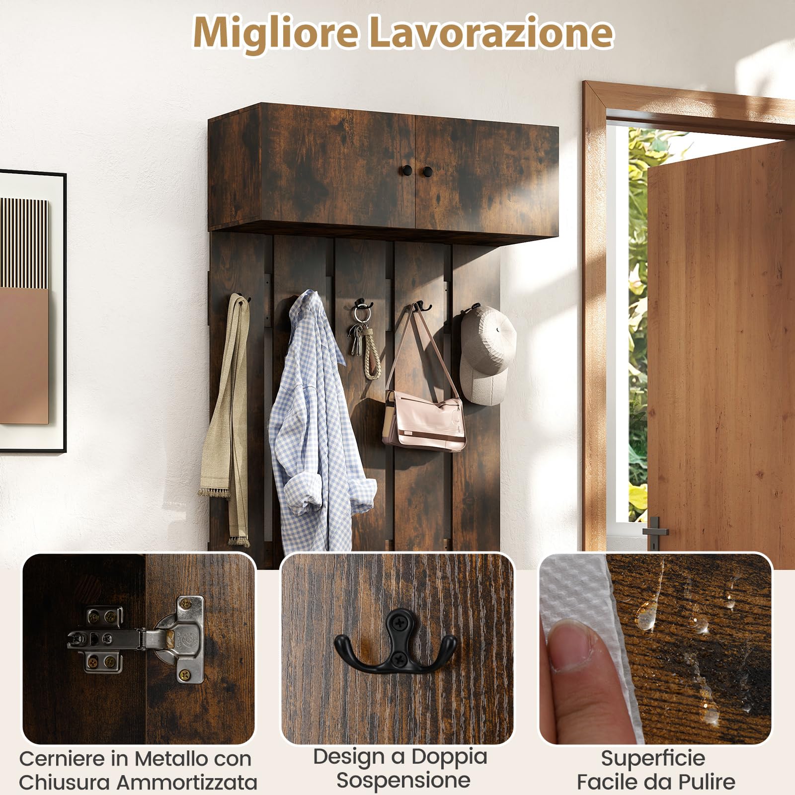 COSTWAY Appendiabiti da Parete per Ingresso, Attaccapanni in Legno con 5 Ganci Doppi e Armadietto a 2 Ante, Mensola Salvaspazio per Camera da Letto, Soggiorno e Cucina, 90 x 33 x 210 cm (Marrone)
