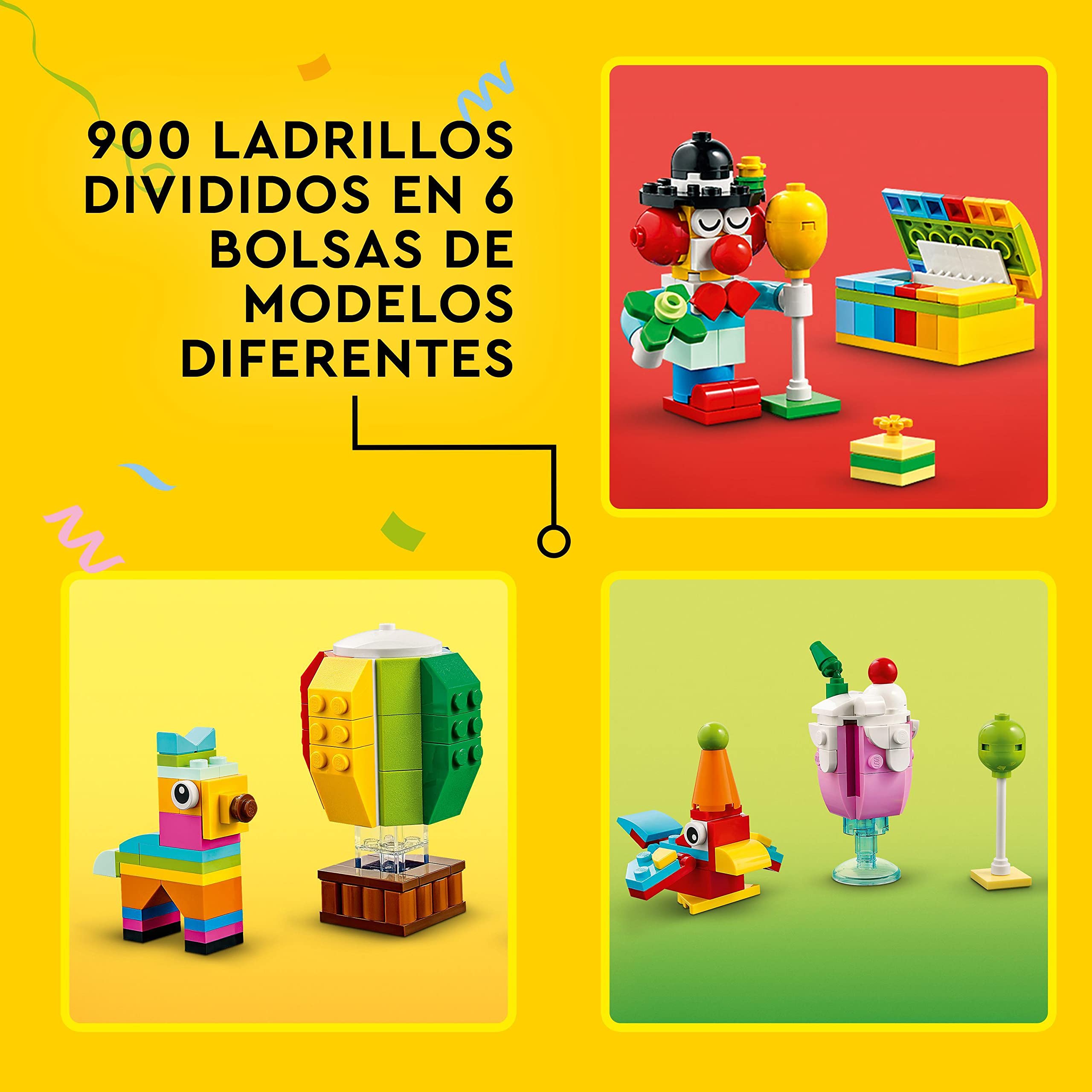 LEGO 11029 Classic Caja Creativa: Fiesta, Piezas de Juego de Mesa en Familia, Juguete para Niños y Niñas de 5 Años o Más, 12 Mini Construcciones, Coche, Osito de Peluche, Unicornio, Idea de Regalo