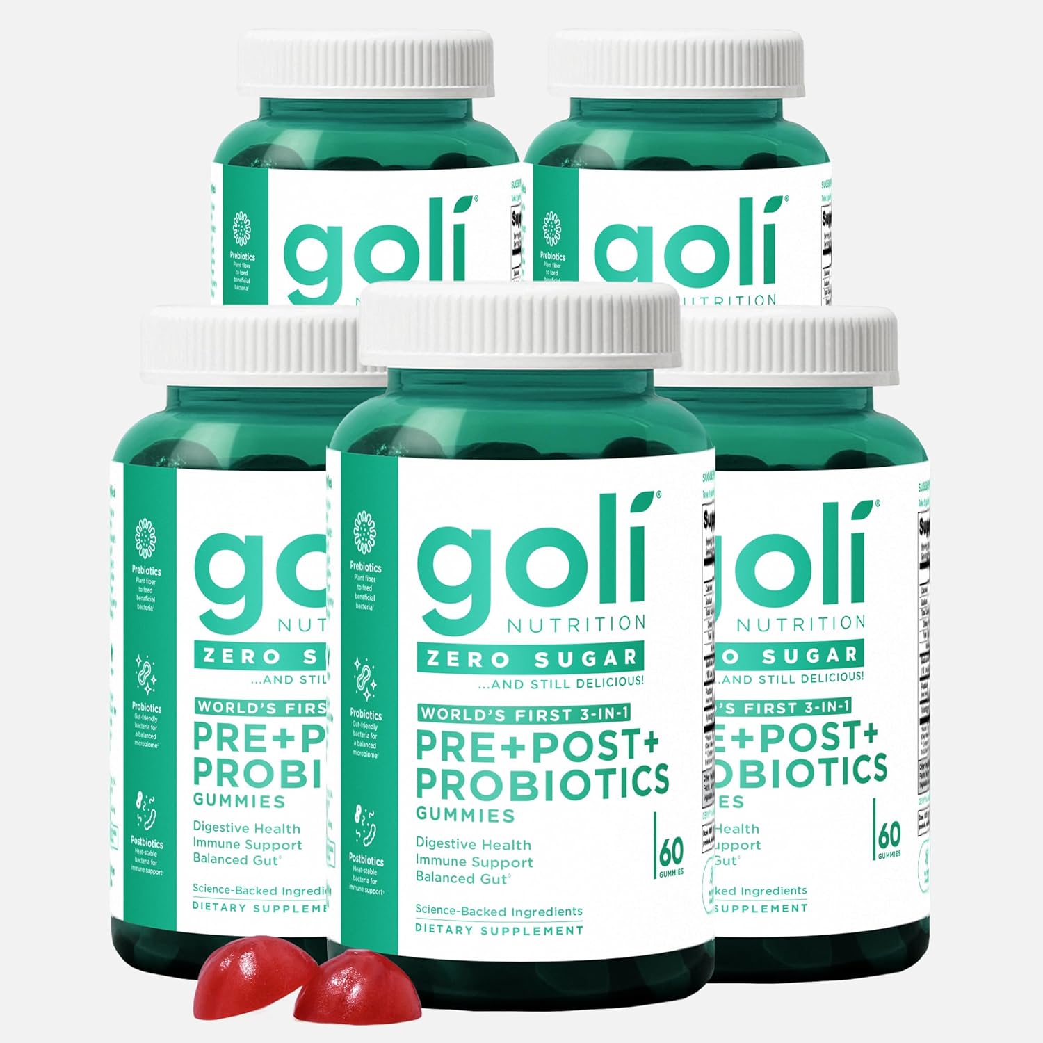 Goli Zero Sugar Pre Pro Postbiotic Gummies - (5 Pack, 300 Total) Worlds First 3-in-1 with DE111, XOS, MCC1849 - No Sugar Alcohols - Vegan, Keto-Friendly, Non-GMO