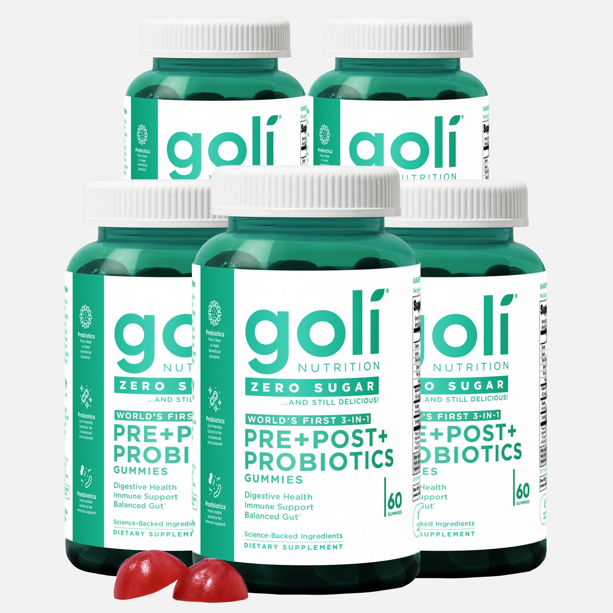 Goli Zero Sugar Pre Pro Postbiotic Gummies - (5 Pack, 300 Total) Worlds First 3-in-1 with DE111, XOS, MCC1849 - No Sugar Alcohols - Vegan, Keto-Friendly, Non-GMO 300 Count