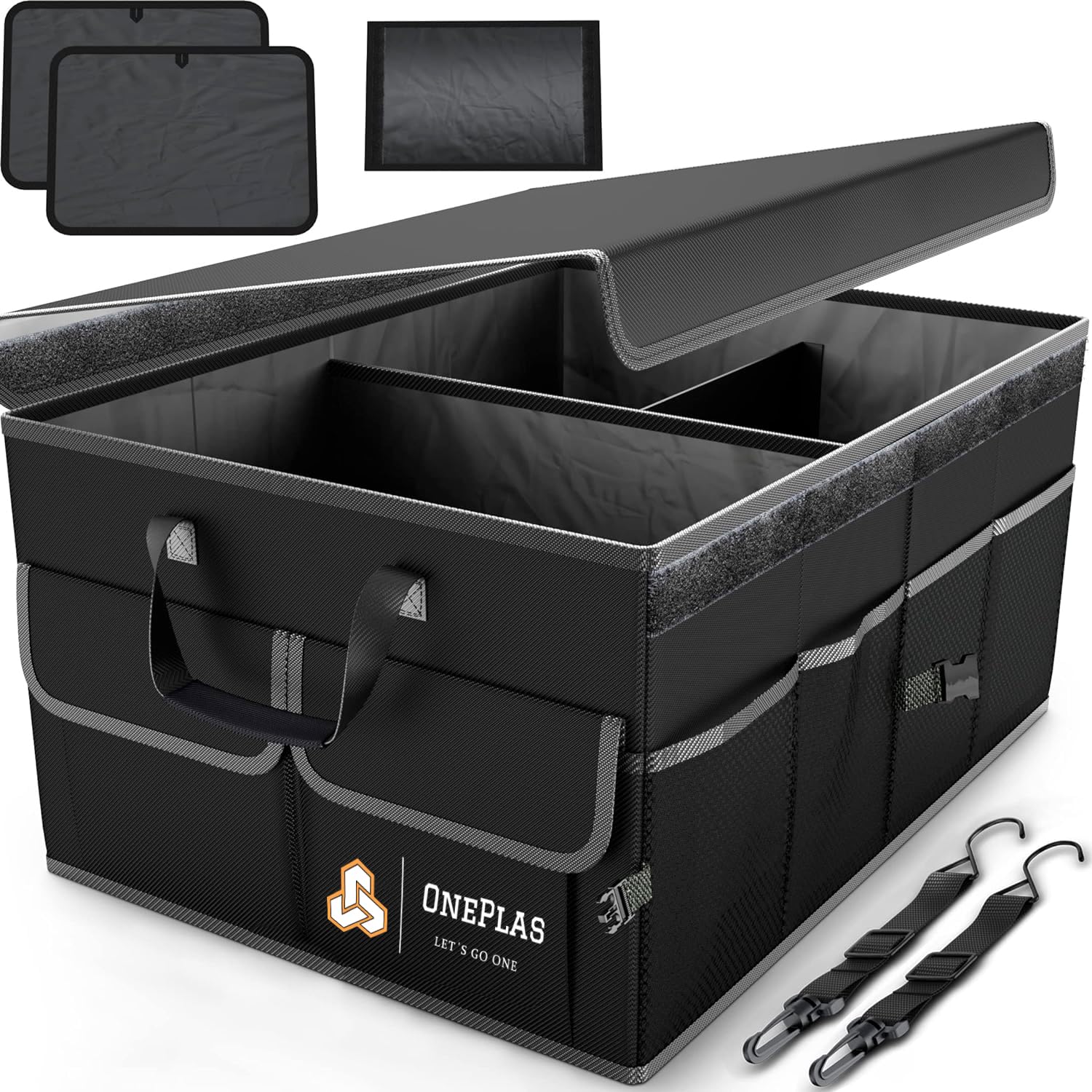 ONEPLAS Organizador de Maletero Coche y SUV - Organizador de Coche para Almacenamiento - Caja Plegable con 2 Compartimentos Grande - Base Antideslizante - Cinchas Ajustables - Tapa Extraíble (Negro)