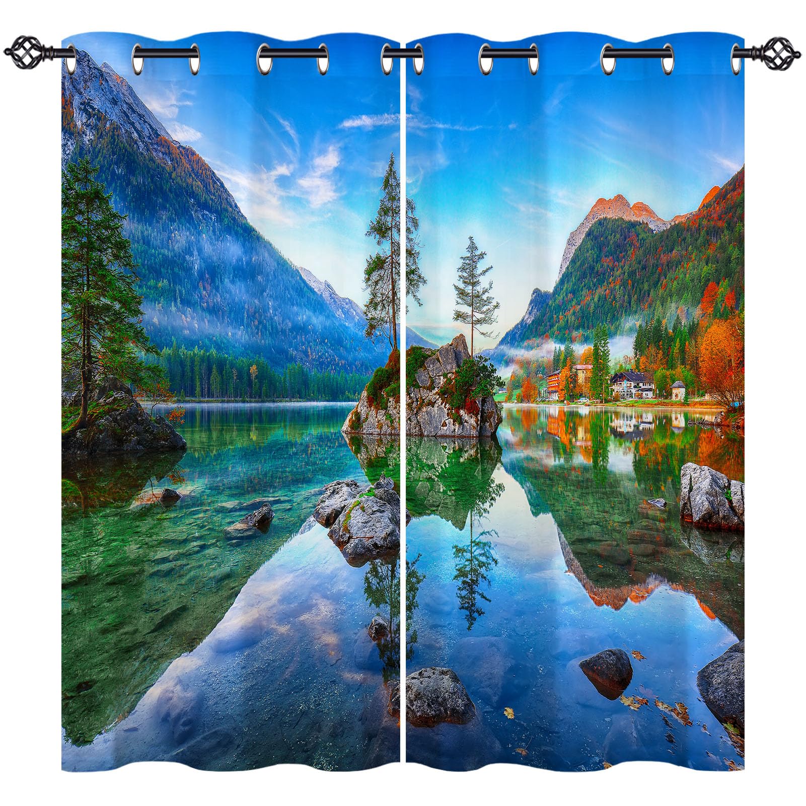 ANHOPE Autumn Landscape Curtains Eyelet Blackout Thermal Insulated Curtains Nature Mountain Lake Print Pattern Soft Soundproof Privacy Window Drapes for Bedroom Living Room 46 x 54 Inch 2 Panels