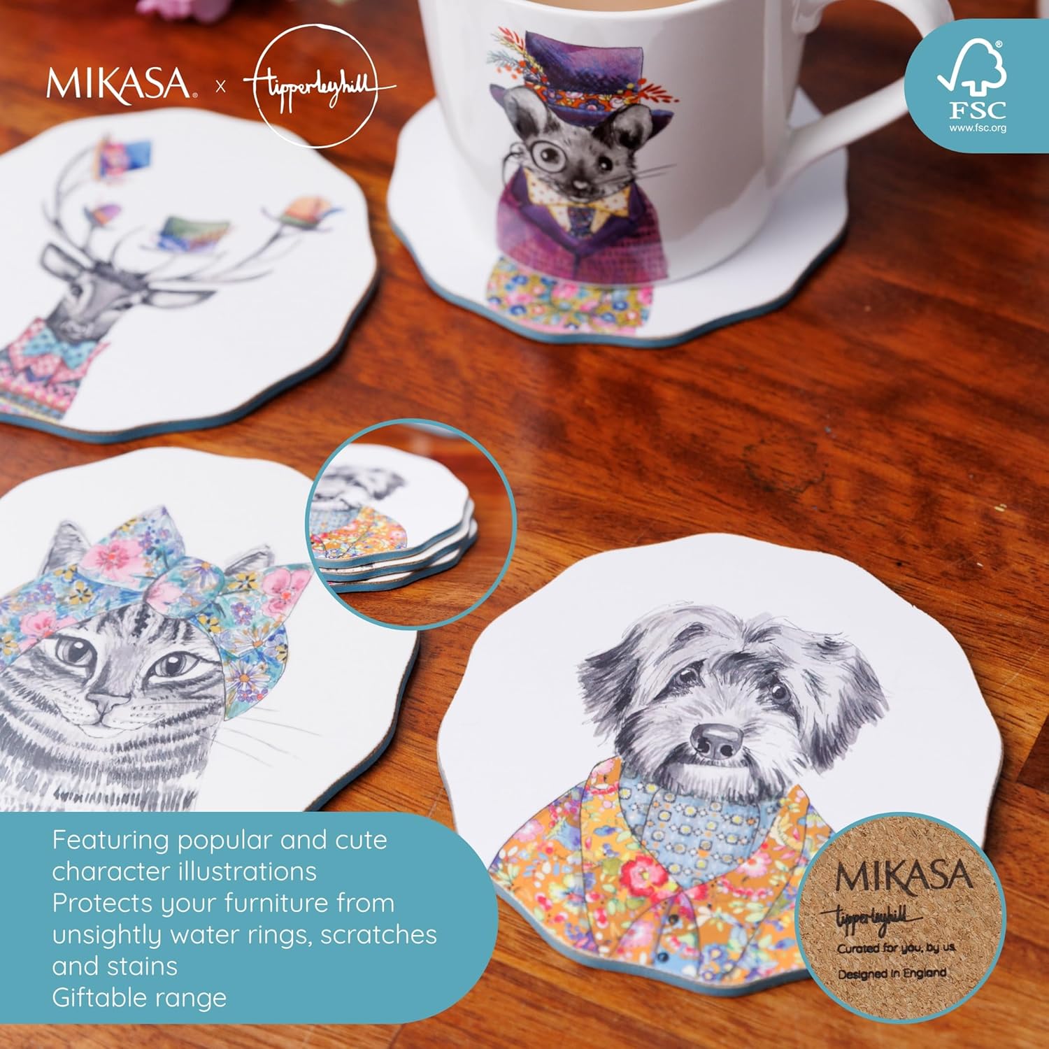 Mikasa x Tipperleyhill Coasters, 4pc Coaster Set with Scalloped Design, Table Protectors for Drinks, Heat Resistant to 120°C, Animal Print, 12cm, Gift Boxed