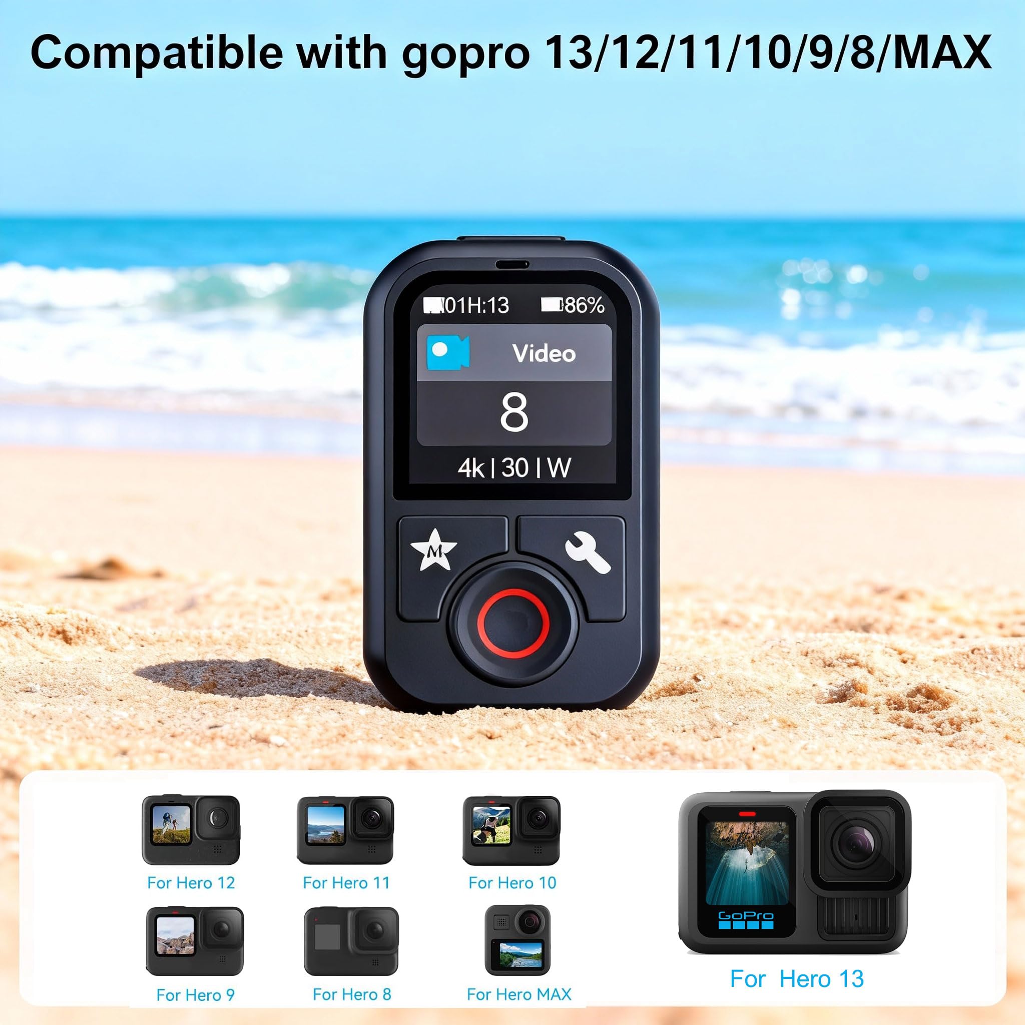 Télécommande pour GoPro Hero 13/12/11/10/9/8/Max, Telesin T13, Portée 60m + Sangle Poignet