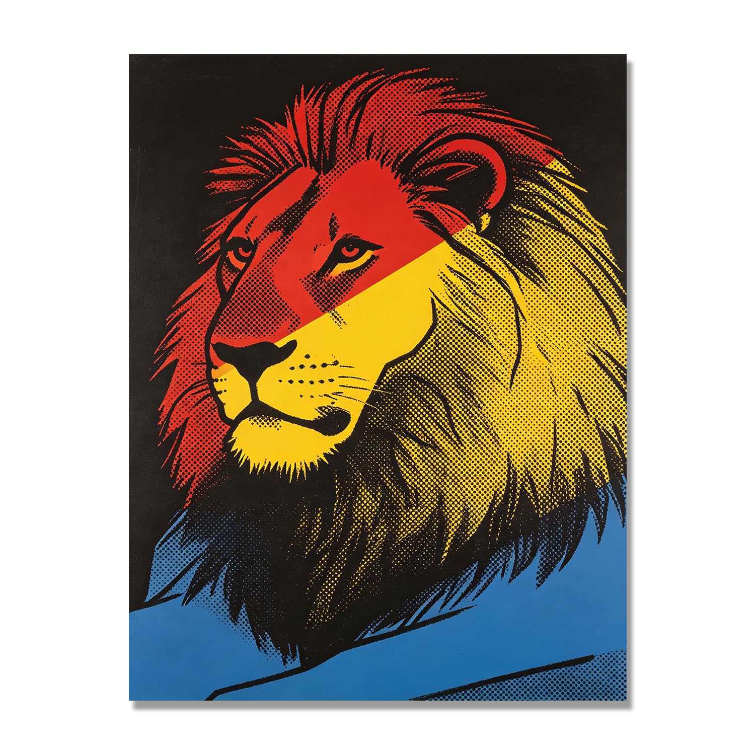 GYSDKUS Pop Art Lion Wall Art, Vibrant Red, Yellow and Blue Halftone Print, Bold Animal Portrait Poster. M12. 70x90cm-28x35in. Frameless