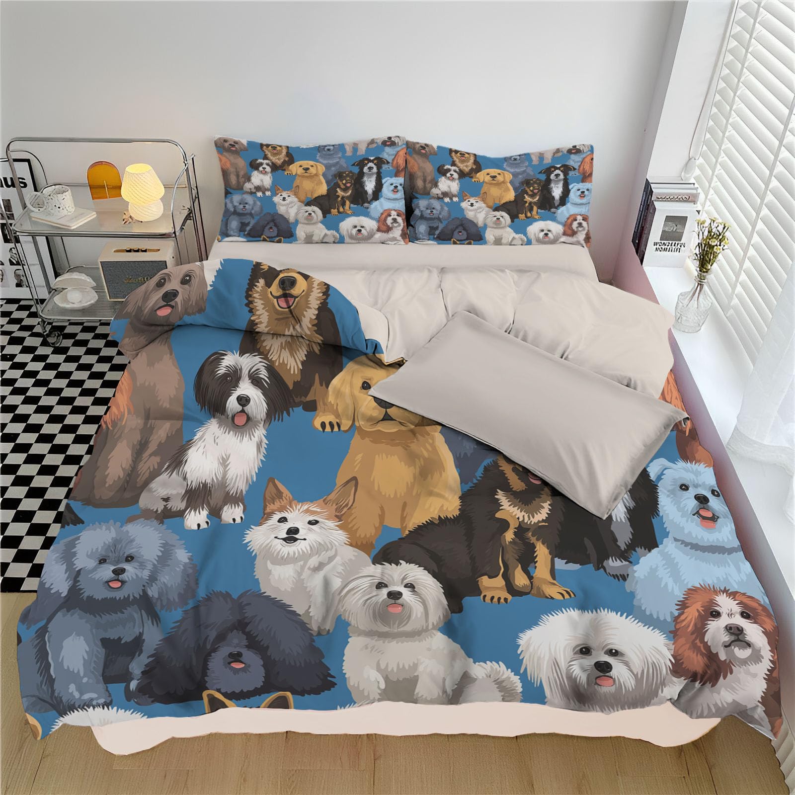 Parure de lit 2 personnes microfibre housse de couette 200x200cm bleu animaux joueurs réversible