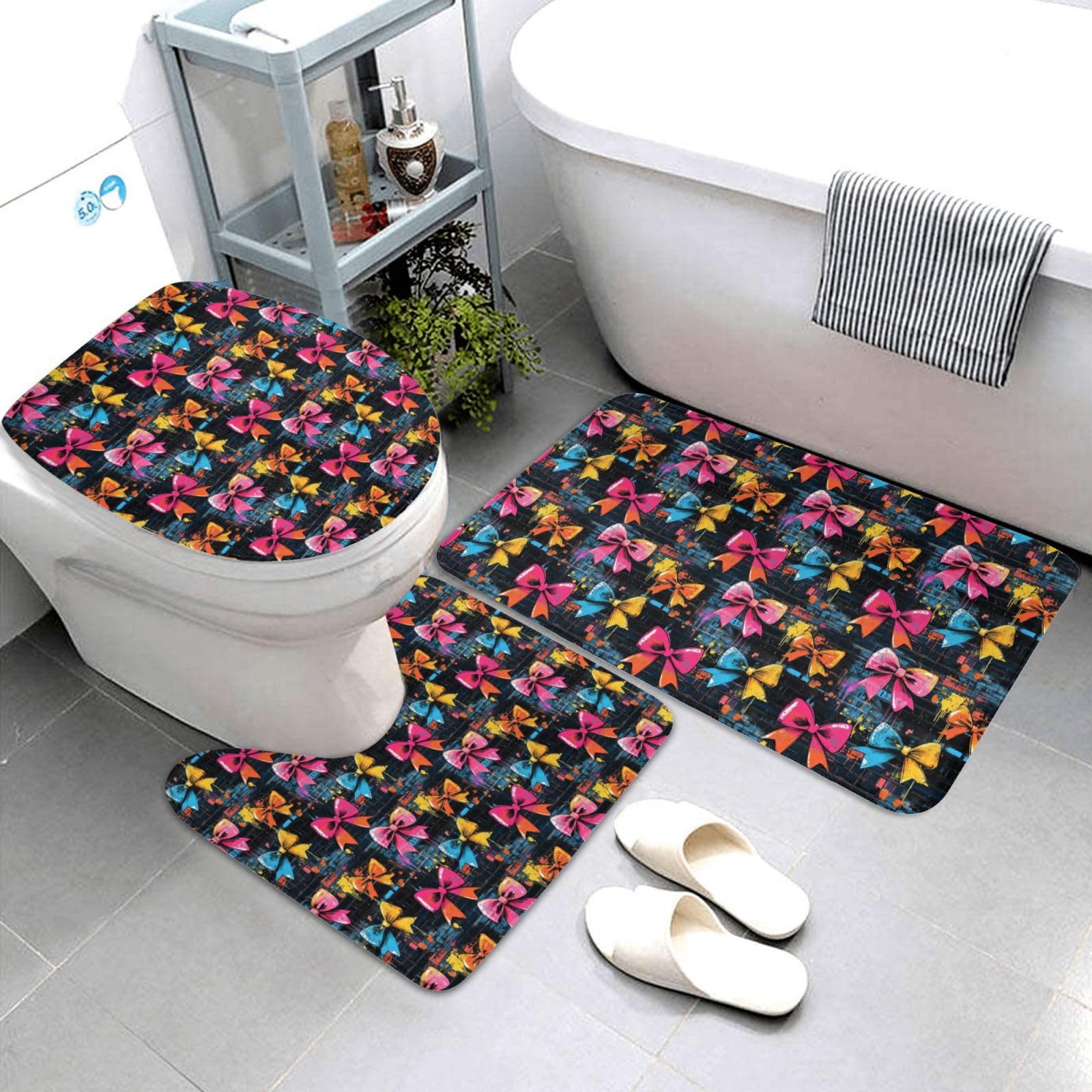 Tapis de salle de bain lot de 3 avec imprimé nœud coloré chic