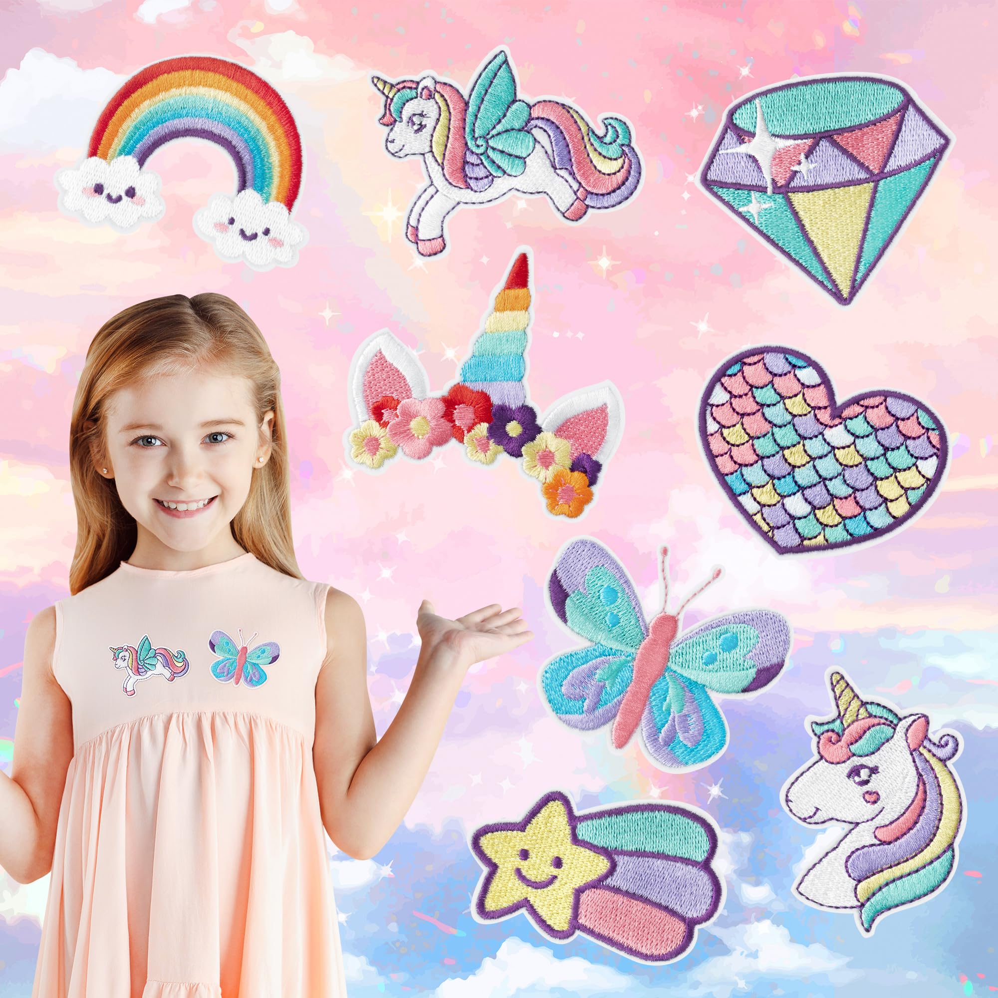 8 parches de unicornio de ensueño para planchar con diseño de estrellas, corazones, mariposas, diamantes para coser, parches bordados, accesorios de manualidades para niños, niñas, ropa,