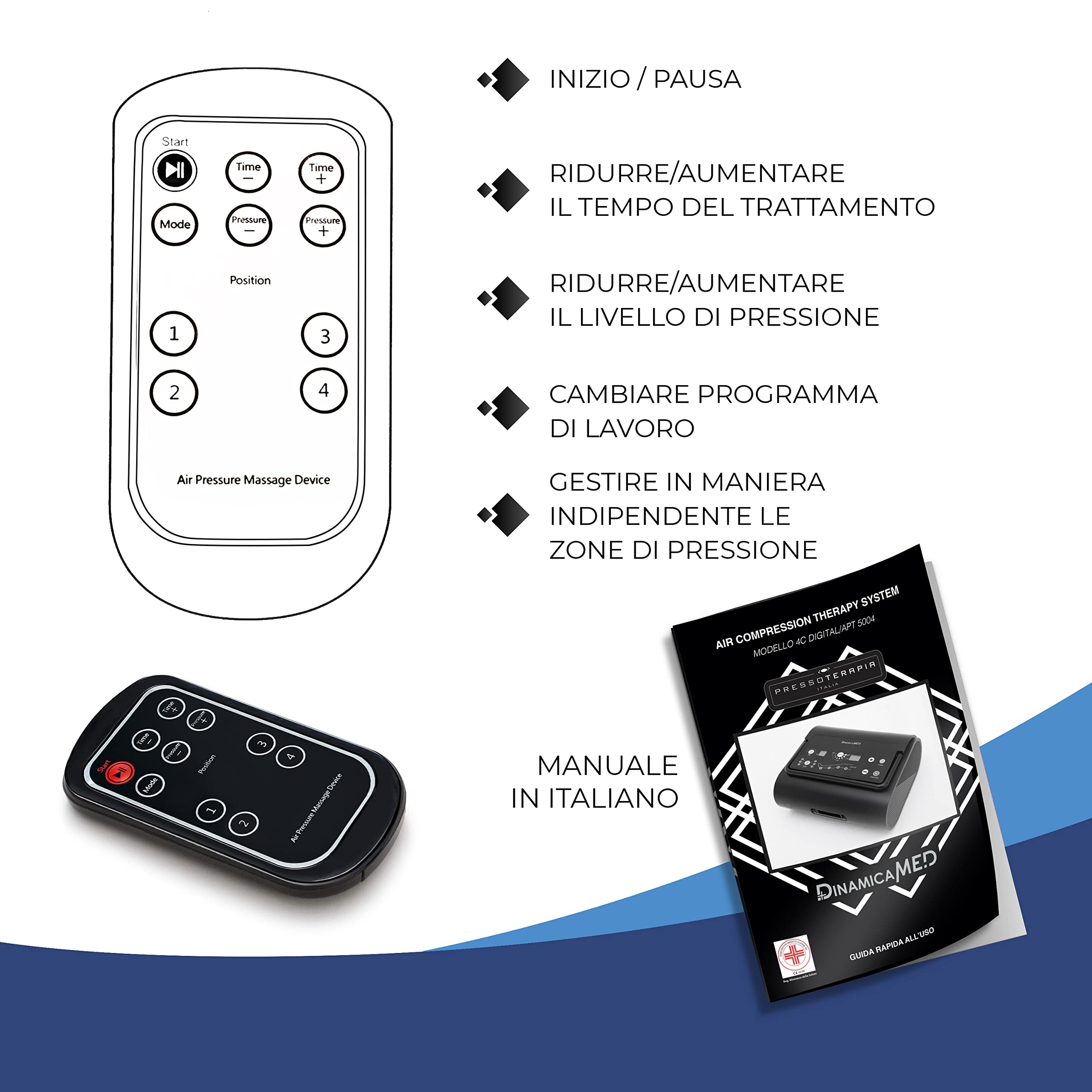 Dinamicamed ® Premium 4.0 Pressoterapia Linfodrenaggio Professionale Digitale Compact, Pressoterapia per Casa con 6 Programmi, Massaggio Linfodrenante a 4 Camere con Gambali XL e Fascia Addome