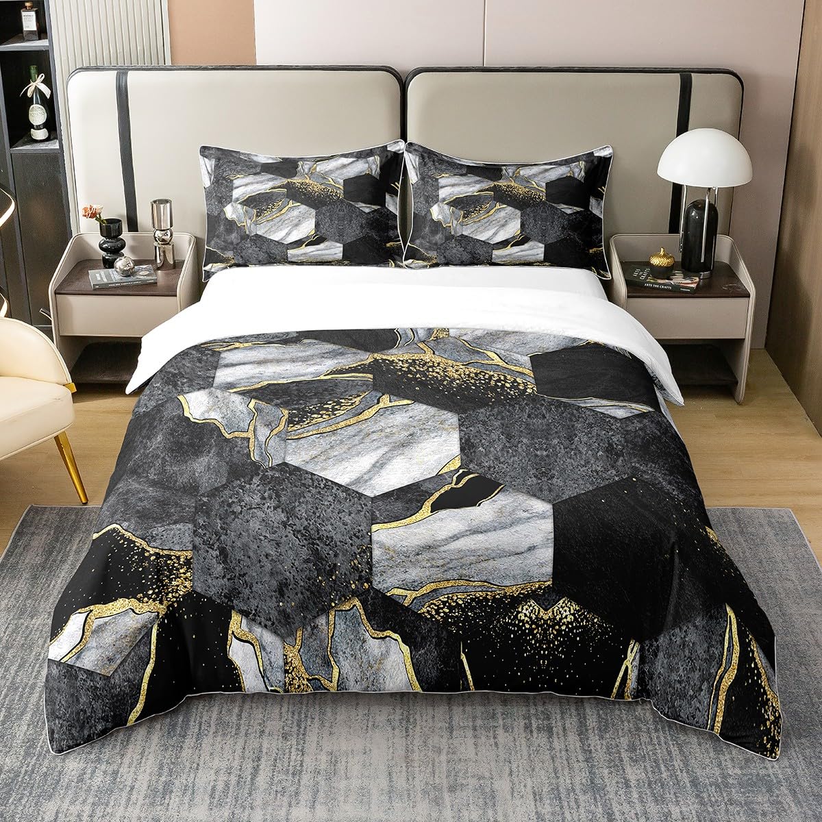 Parure de lit 240x260 en coton motif marbre noir et gris avec housse de couette