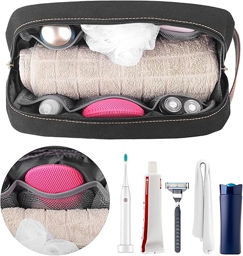 Miniatura 4 de Neceser de viaje para hombres y mujeres, organizador de artículos de tocador de lona resistente al agua, de cuero vegano, kit de Dopp colgante,