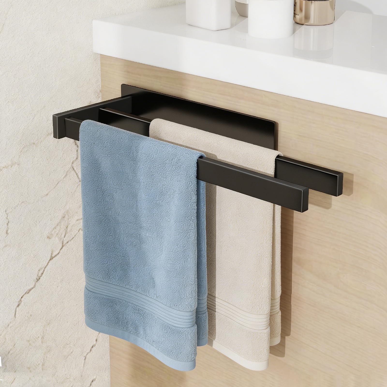 Feligio Bathroom Towel Racks Without Drill Black 36 cm – Adhesive Towel Rail Bathroom Stainless Steel Double Bar – Easy Installation for Kitchen and Bathroom