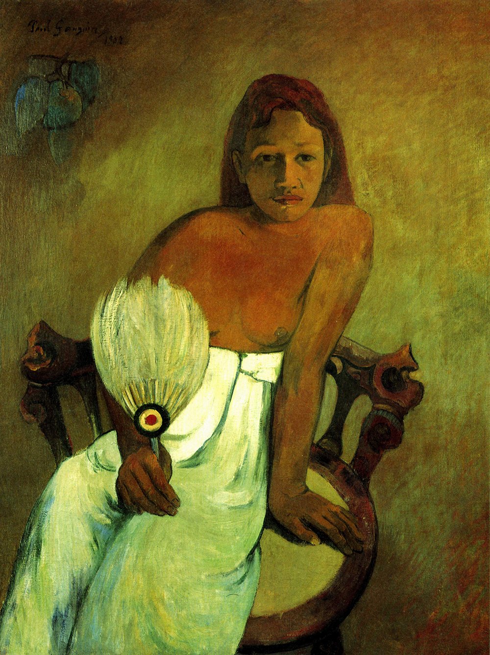 Affiche Paul Gauguin Portrait with Feathers petit format encadré marron
