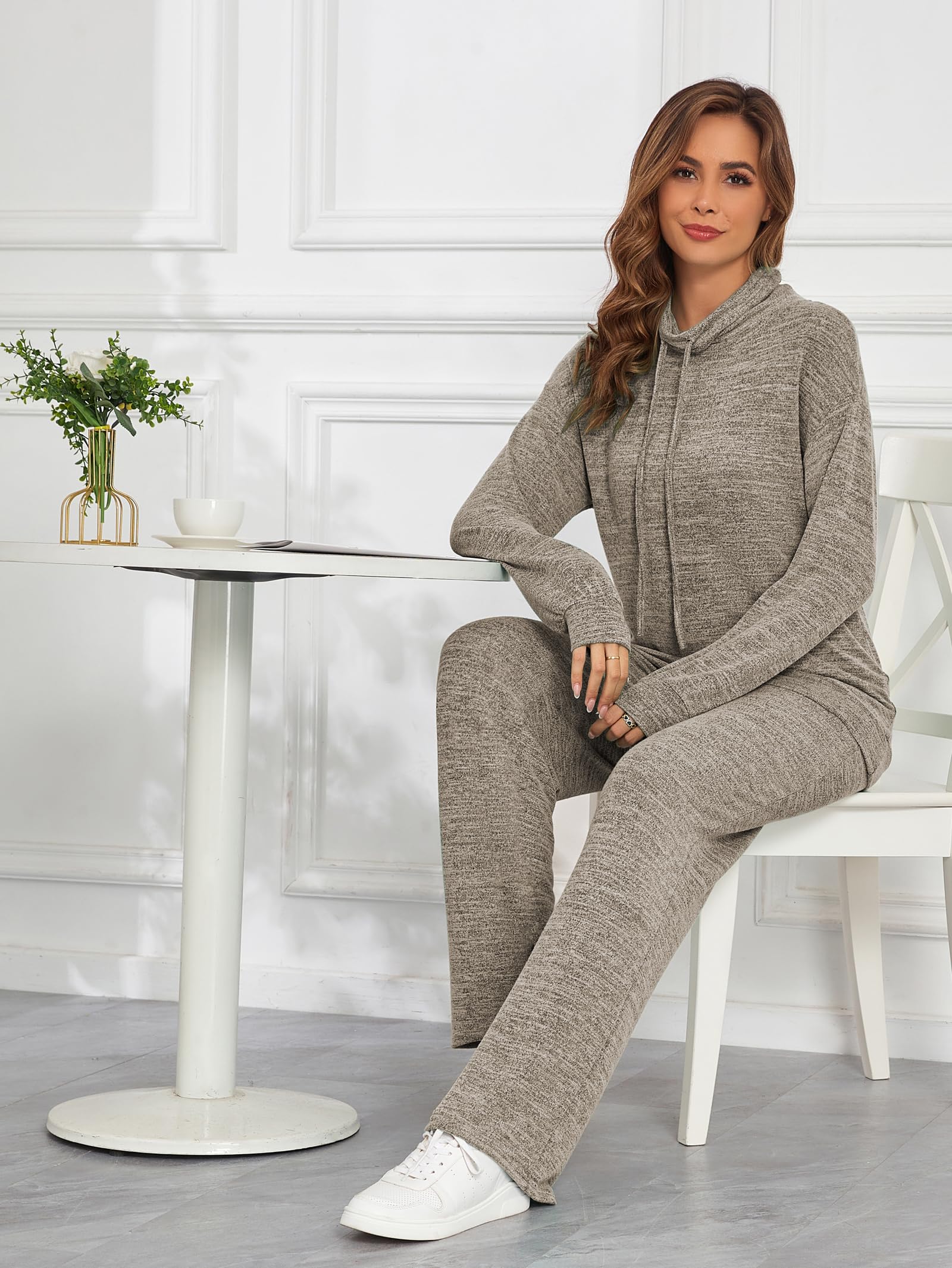 Famulily Tuta da donna con collo ad anello, con coulisse a maniche lunghe, pullover e pantaloni a gamba larga con tasche