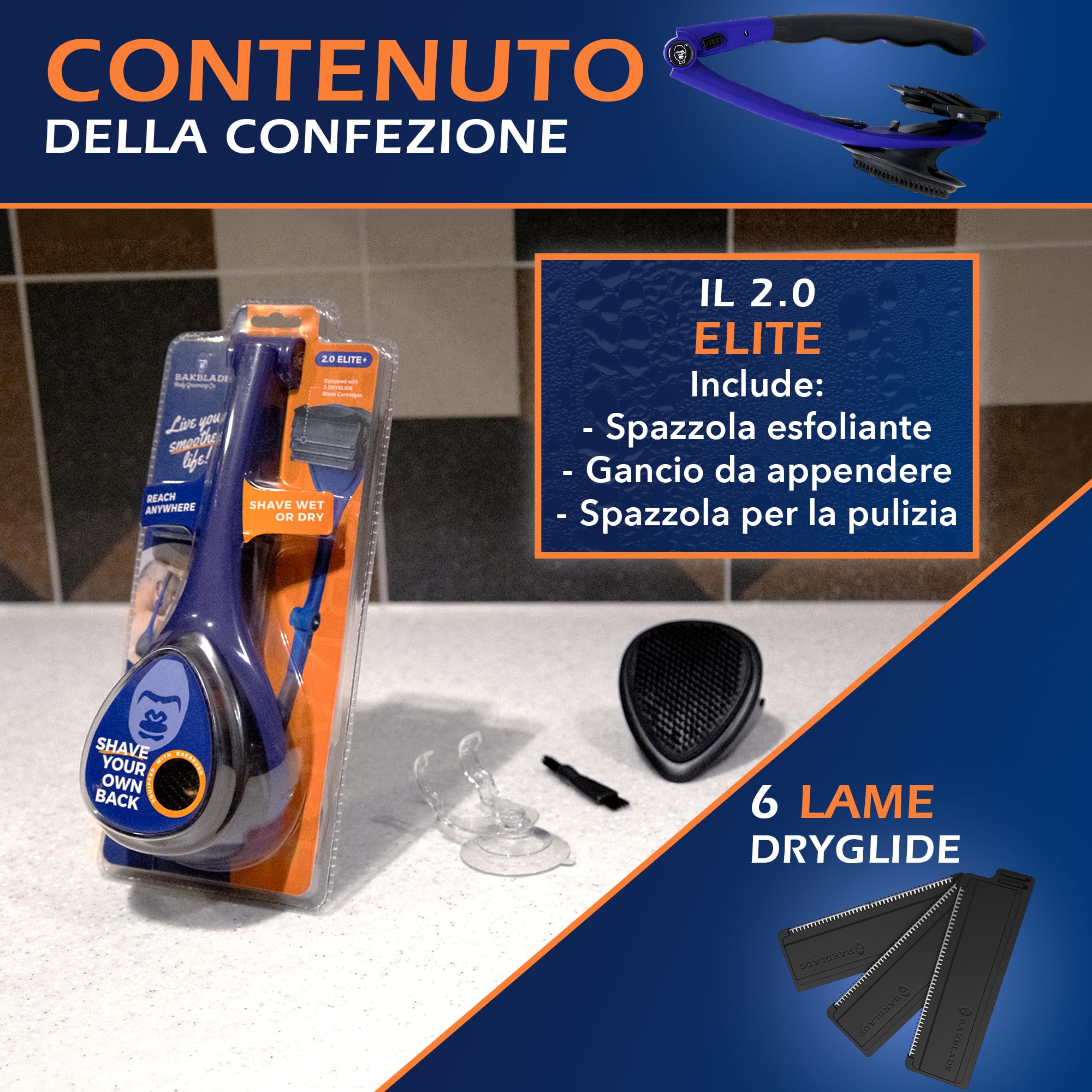 BakBlade 2.0 Elite - Rasoio Schiena Uomo - Depilatore per i Peli della Schiena e del Corpo - Body Groomer Uomo Facile Da Usare - Per Rasatura Da Bagnato O Da Asciutto - 3 Lame Extra Incluse