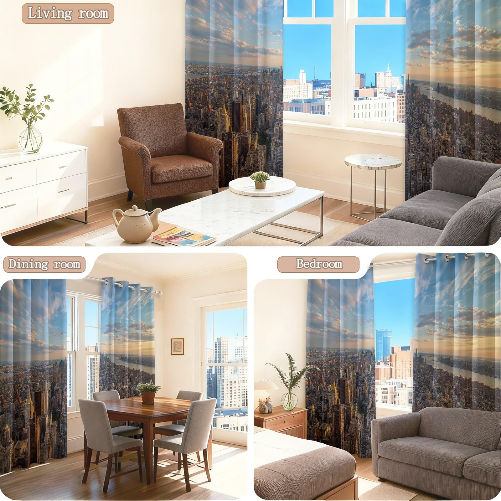 Zasłony miejskie, nowoczesne, nieprzejrzyste zasłony z oczkami, zasłony termiczne, niebieskie, Empire State Building Skyline, zasłony zaciemniające, zestaw 2 sztuk, wys. 200 x szer. 70 cm, zasłony do