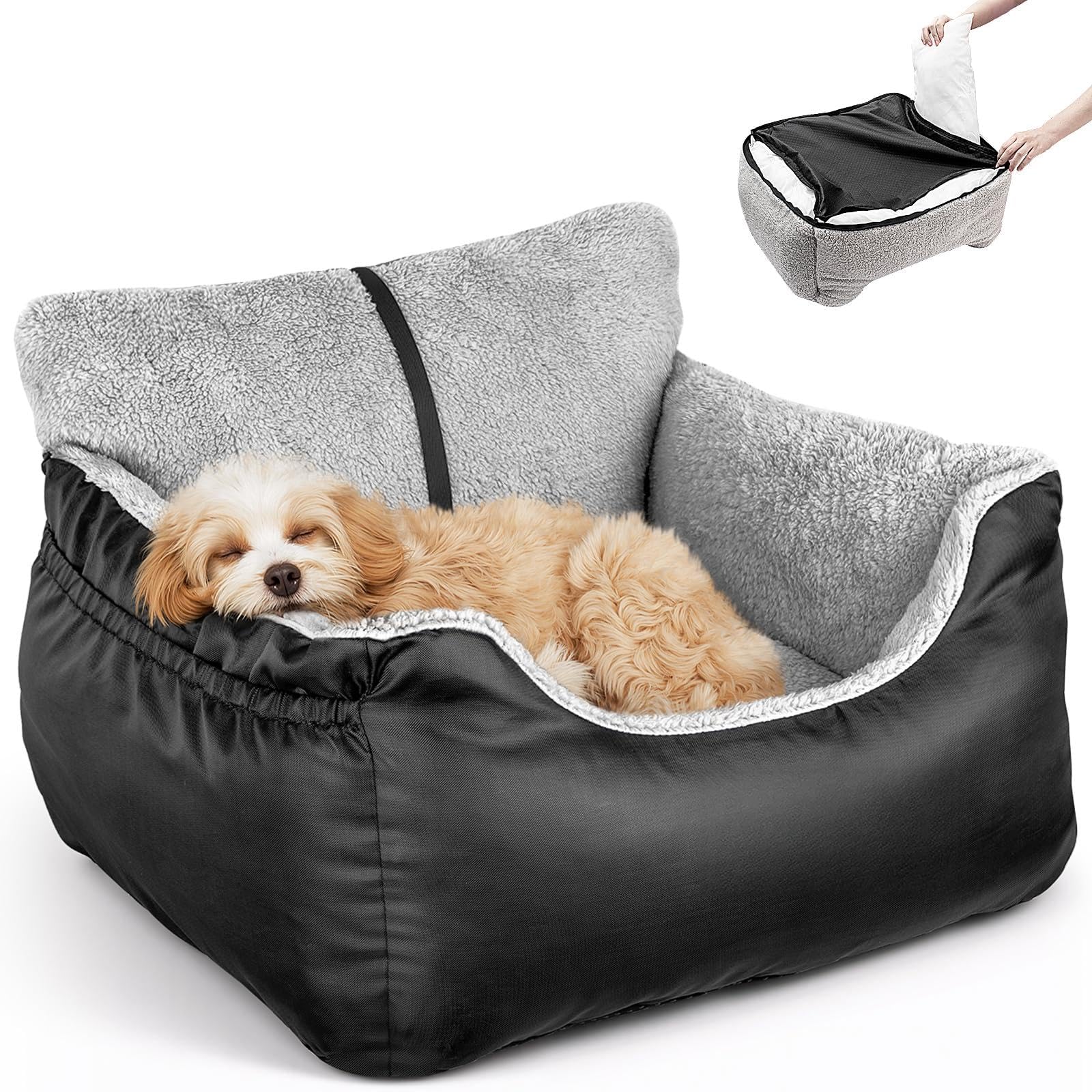 Soft Small Dog Car Seat for Under 25 lbs Pets, Detachable & Washable Pet Booster Travel Bed with Storage Pockets, Clip-On Leash, Portable Carrier for Safe Car Rides, Black