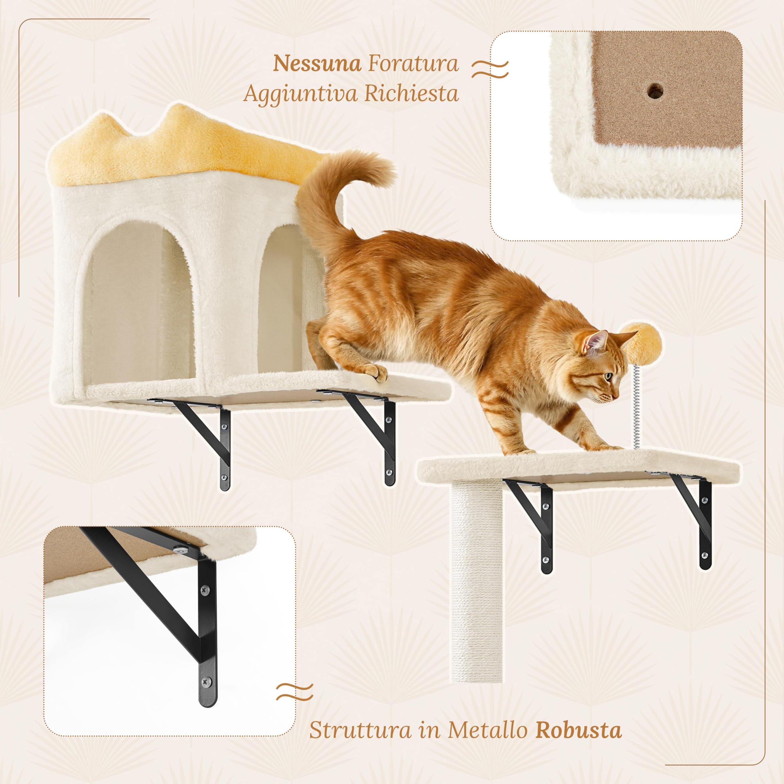 Parete da Arrampicata per Gatti, Set di 4 Mensole da Parete con Tiragraffi, Casetta, Cesta e Palla Sospesa, Mobili da Parete per Gatti in Peluche per Dormire e Giocare, Beige
