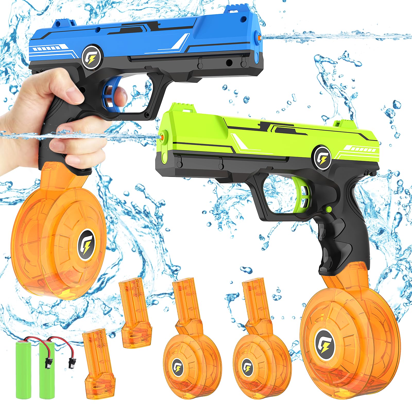Electric Water Pistol for Kids and Adults, 2 Pack Powerful Water Guns Up to 32FT Long Distance, Squirt Gun with 450CC + 58CC Large Capacity, Water Blaster Gun Summer Toys for Beach Pool Garden