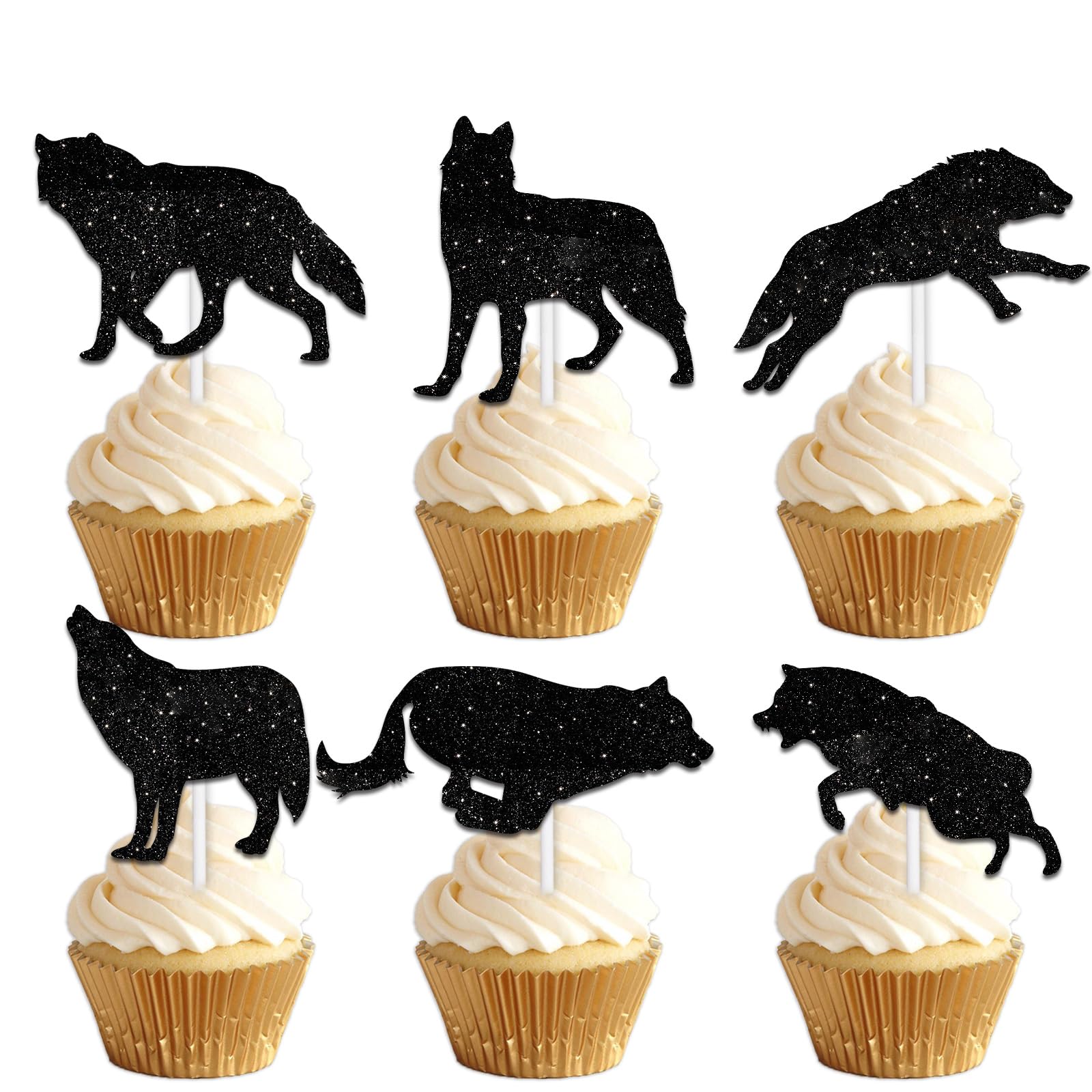 18pcs Black Silhouette Glitter Wolf Dessert Cupcake Topper Wild Animal Theme Decor Supplies Men Boys Happy Birthday Party Decorations