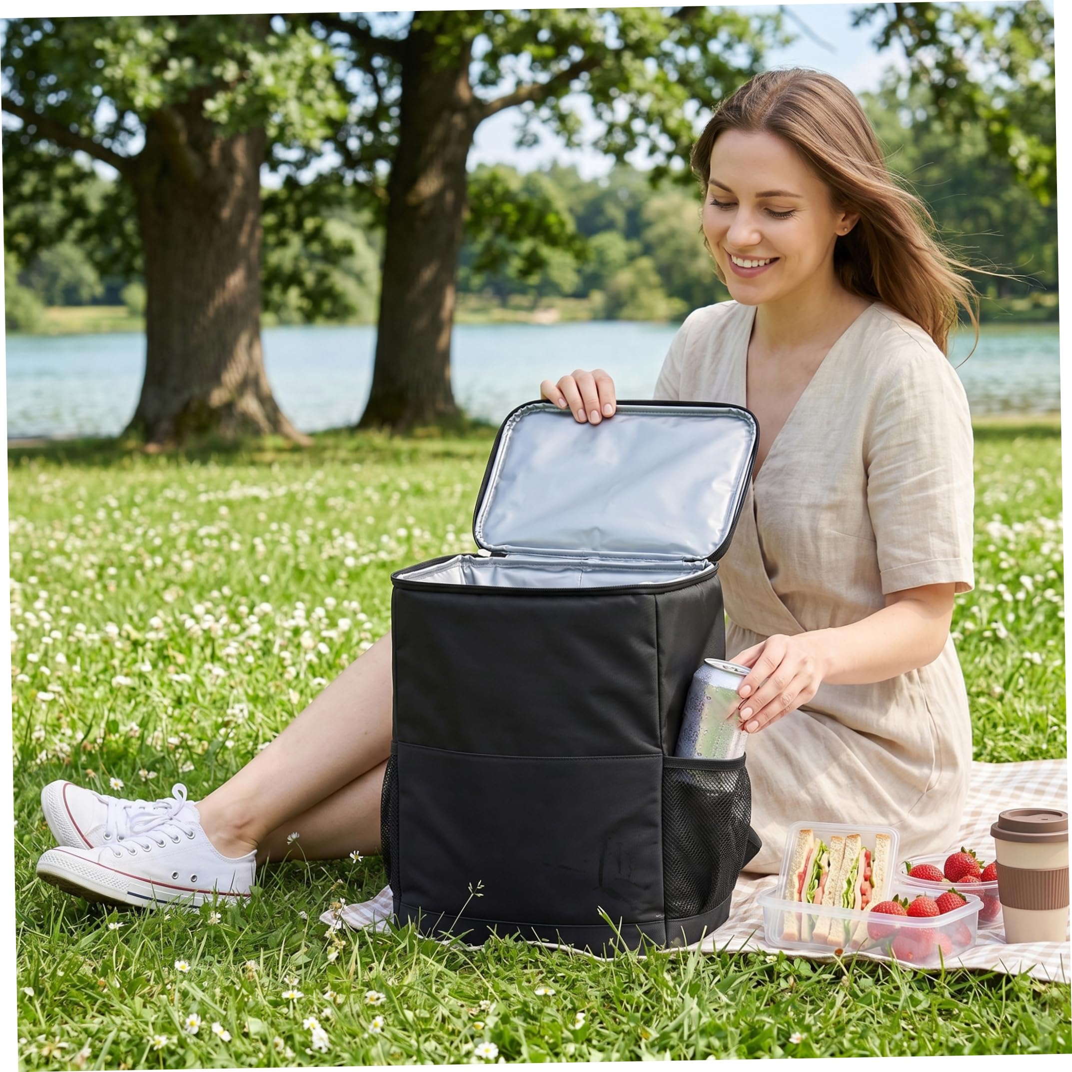 Mochila térmica con aislamiento, 15 l, a prueba de fugas, impermeable, bolsa para 20 latas con múltiples bolsillos para camping, senderismo, playa, compras, color gris